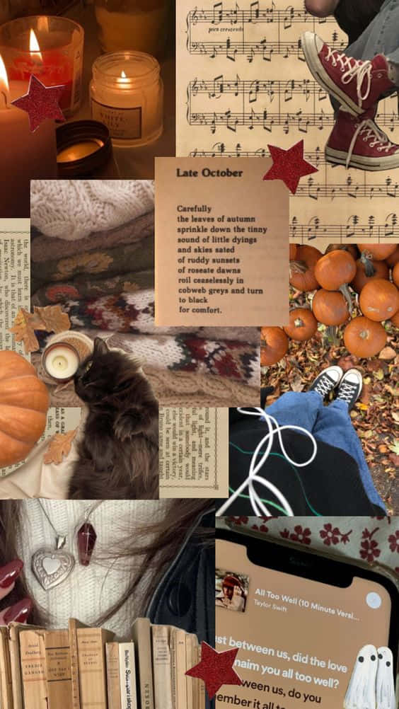 Fall Collage 桌布 壁紙 — 舒適的秋季拼貼畫，包含蠟燭、南瓜、貓、樂譜和顯示Taylor Swift歌詞的手機。