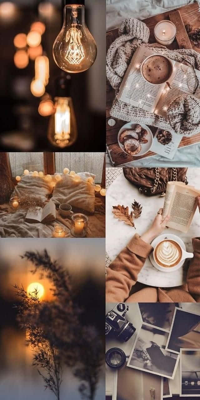Pretty Fall 桌布 壁紙 — 舒適的秋季拼貼畫，配有溫暖的燈光、咖啡、書籍和復古照片，喚起懷舊的舒適感。