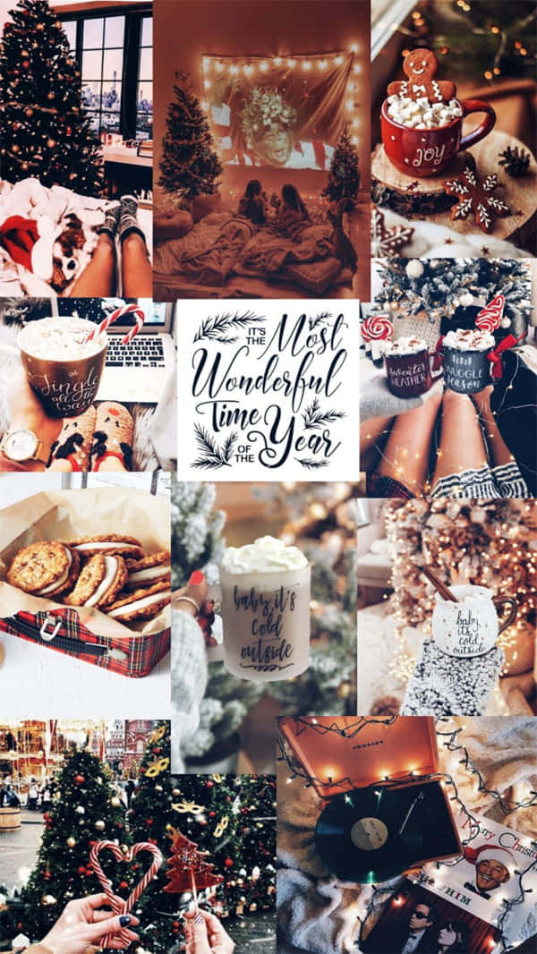 Winter Aesthetic Collage 桌布 壁紙 — 舒適的節日拼貼畫，包含節日飲品、餅乾、燈串和聖誕樹，在溫暖發光的室內環境中。