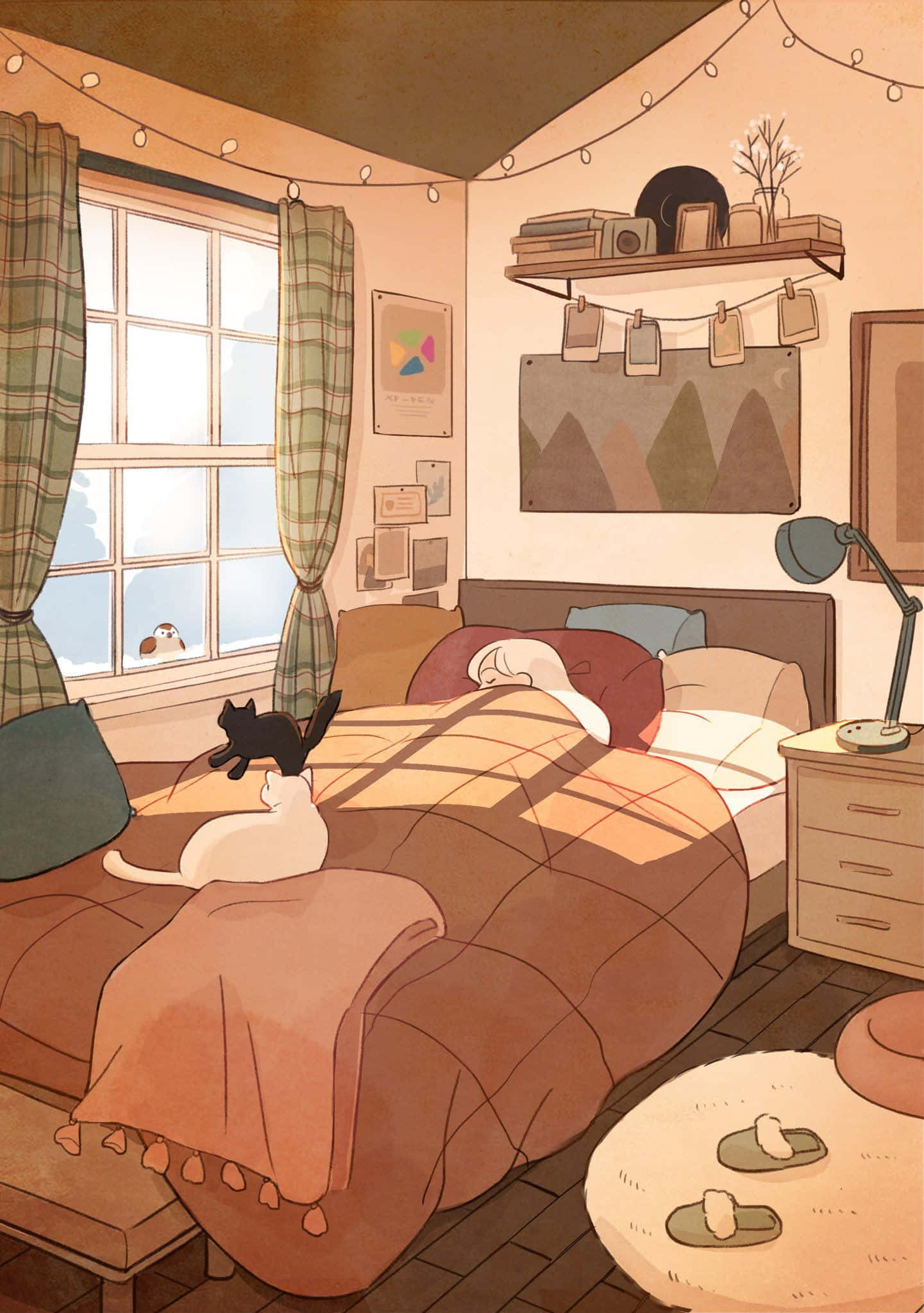 Cute Aesthetic Anime 桌布 壁紙 — 舒適的臥室，兩隻貓在陽光普照的床上放鬆，下方有串燈和格子窗簾。