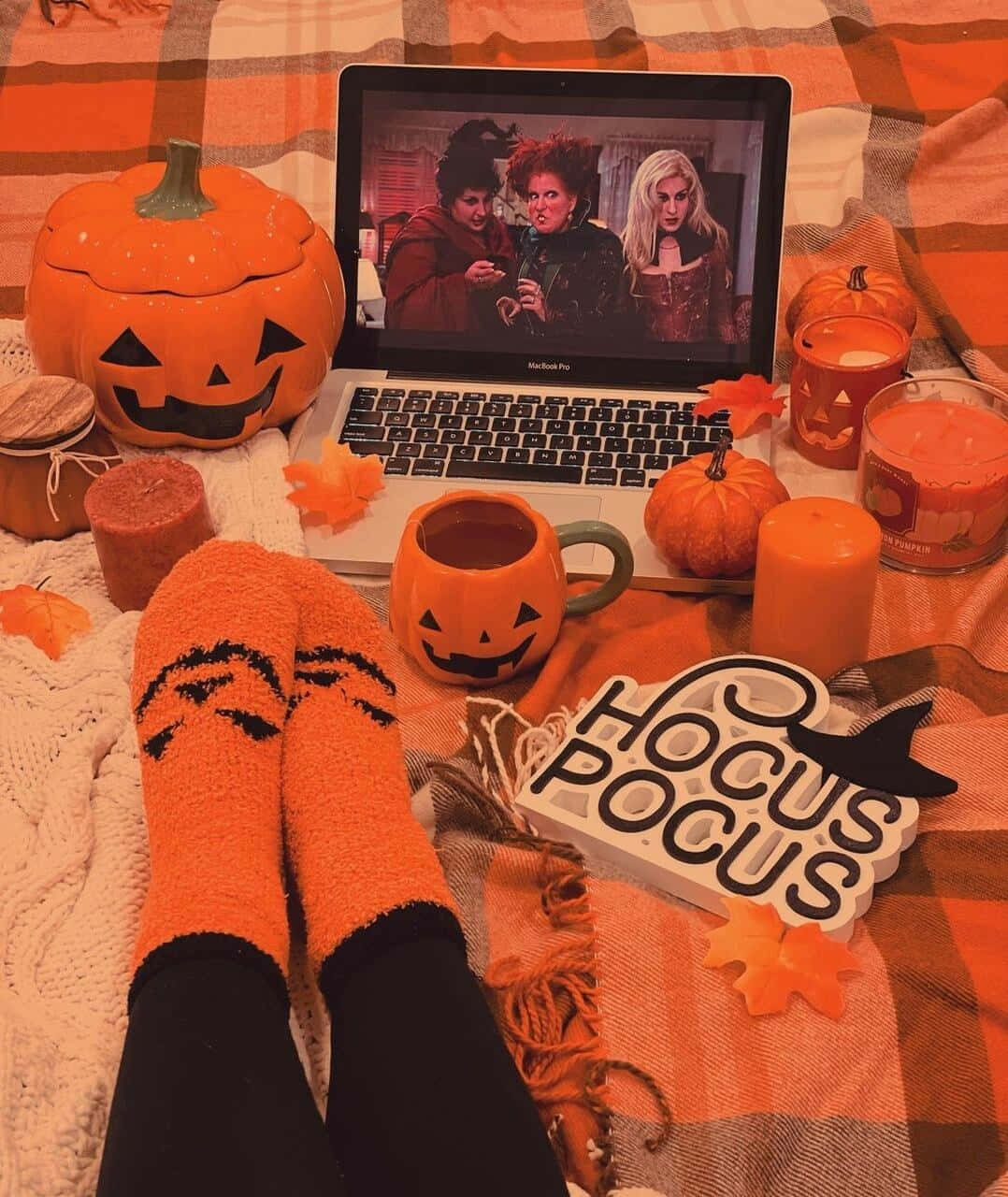 Hocus Pocus 桌布 壁紙 — 舒適的萬聖節夜晚場景，有南瓜襪、蠟燭和一部在筆記型電腦上播放Hocus Pocus的格子毯。