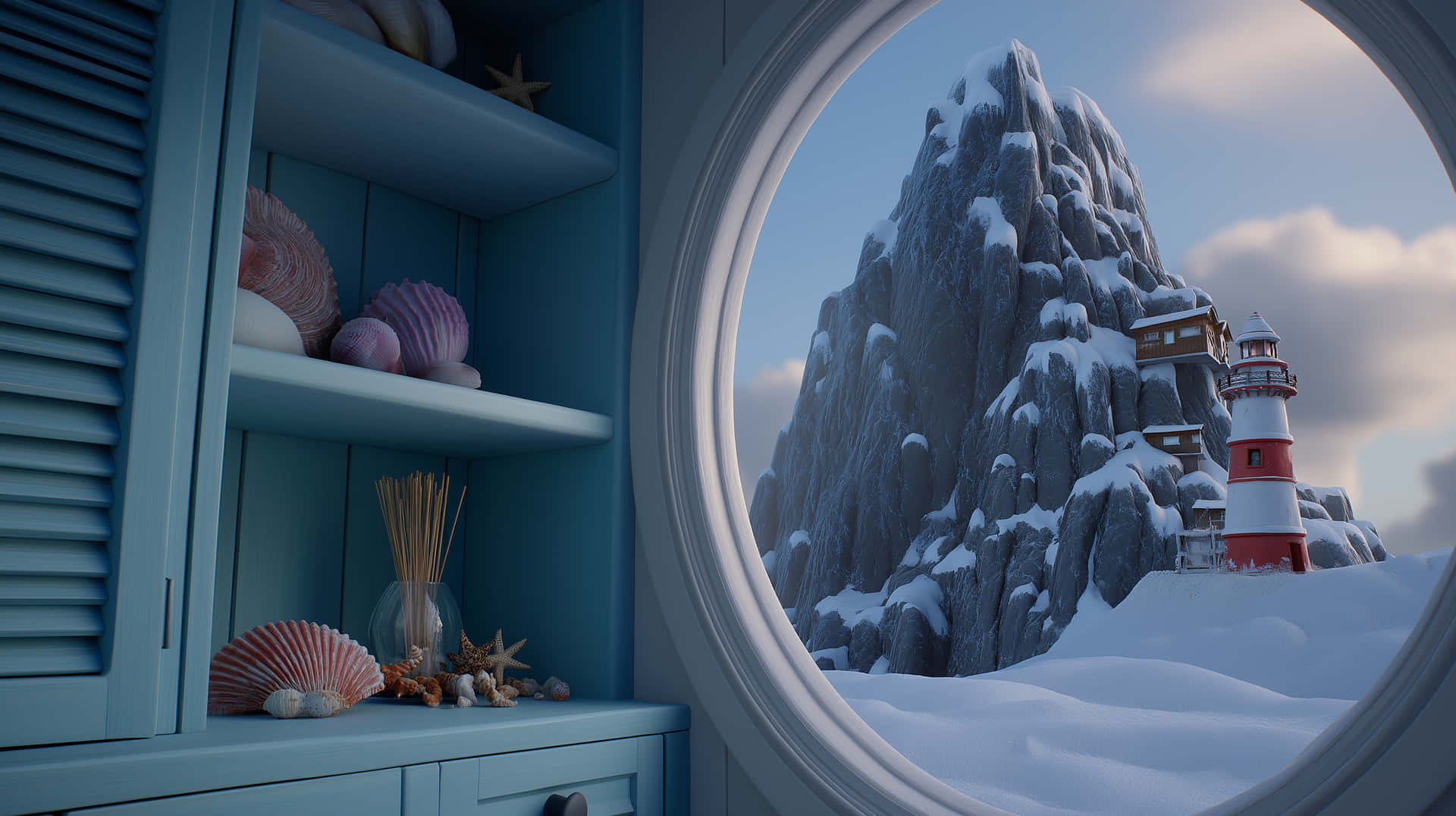 Nautical View of Snow-Covered Peak and Lighthouse through Porthole 壁紙 — 舒適的藍色海邊小屋內部，透過圓窗望向白雪覆蓋的岩石懸崖，上面有一座紅白相間的燈塔。
