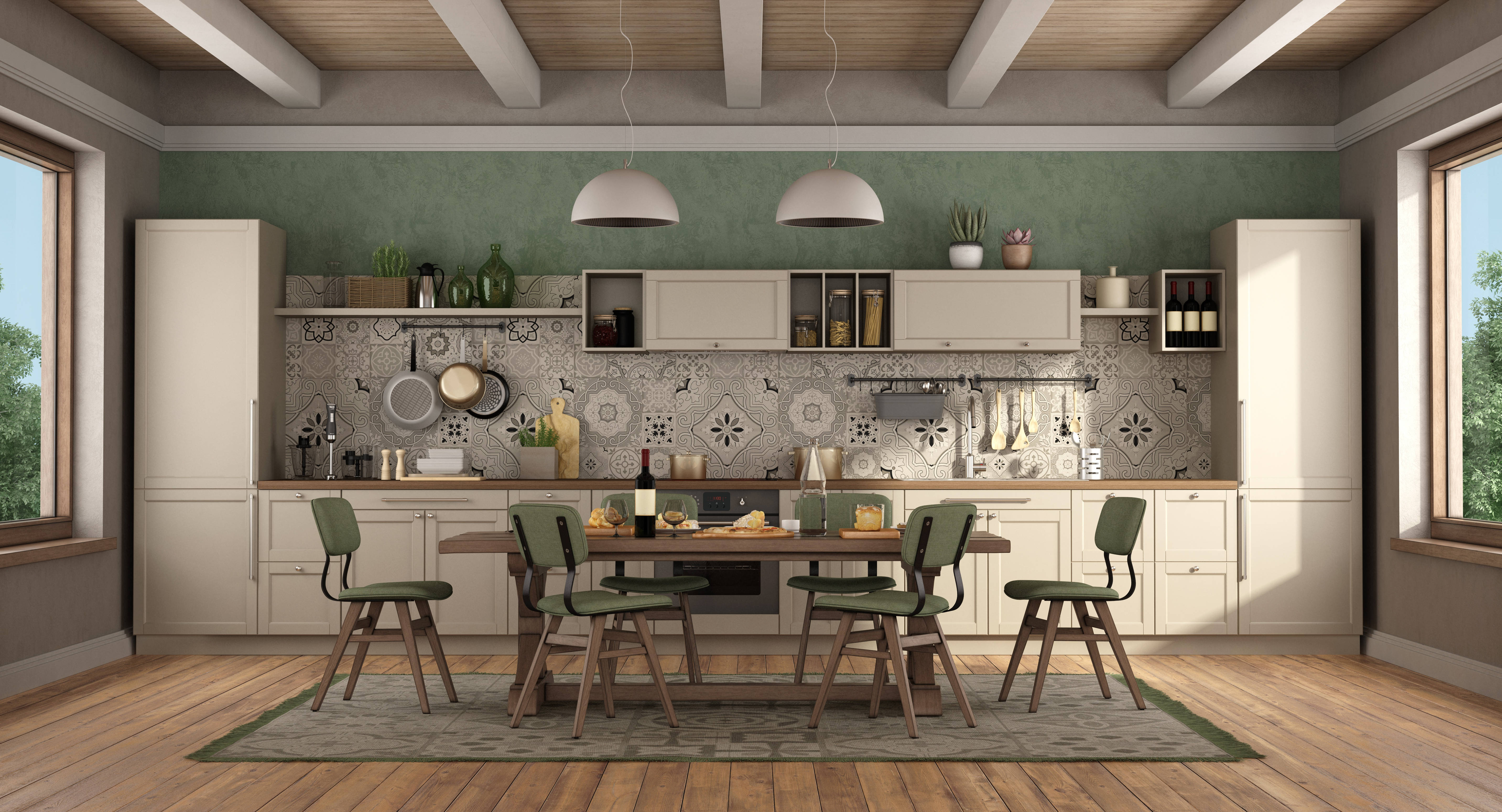 Kitchen Design 桌布 壁紙 — 舒適的鄉村風格廚房，設有木樑、綠色牆壁，以及懸掛吊燈下準備好用餐的餐桌。