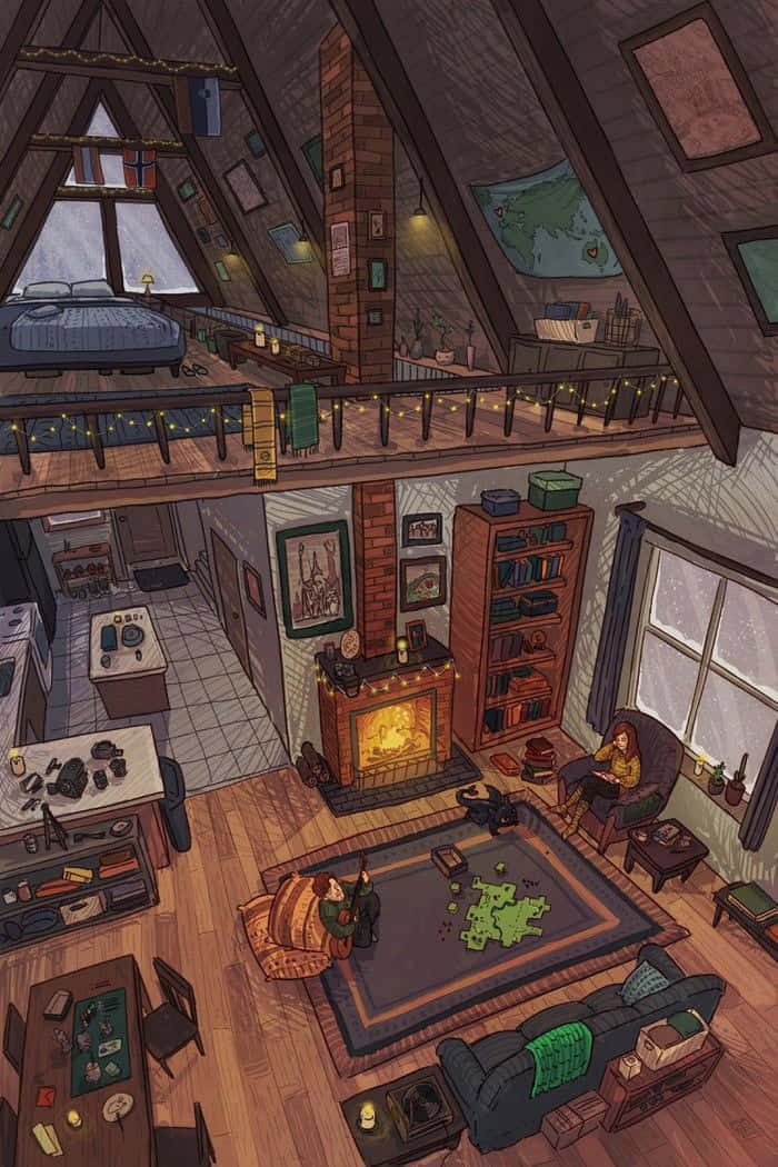 cabin 桌布 壁紙 — 舒適的閣樓，配有溫暖的壁爐、書架，以及兩人在質樸的木屋中放鬆。