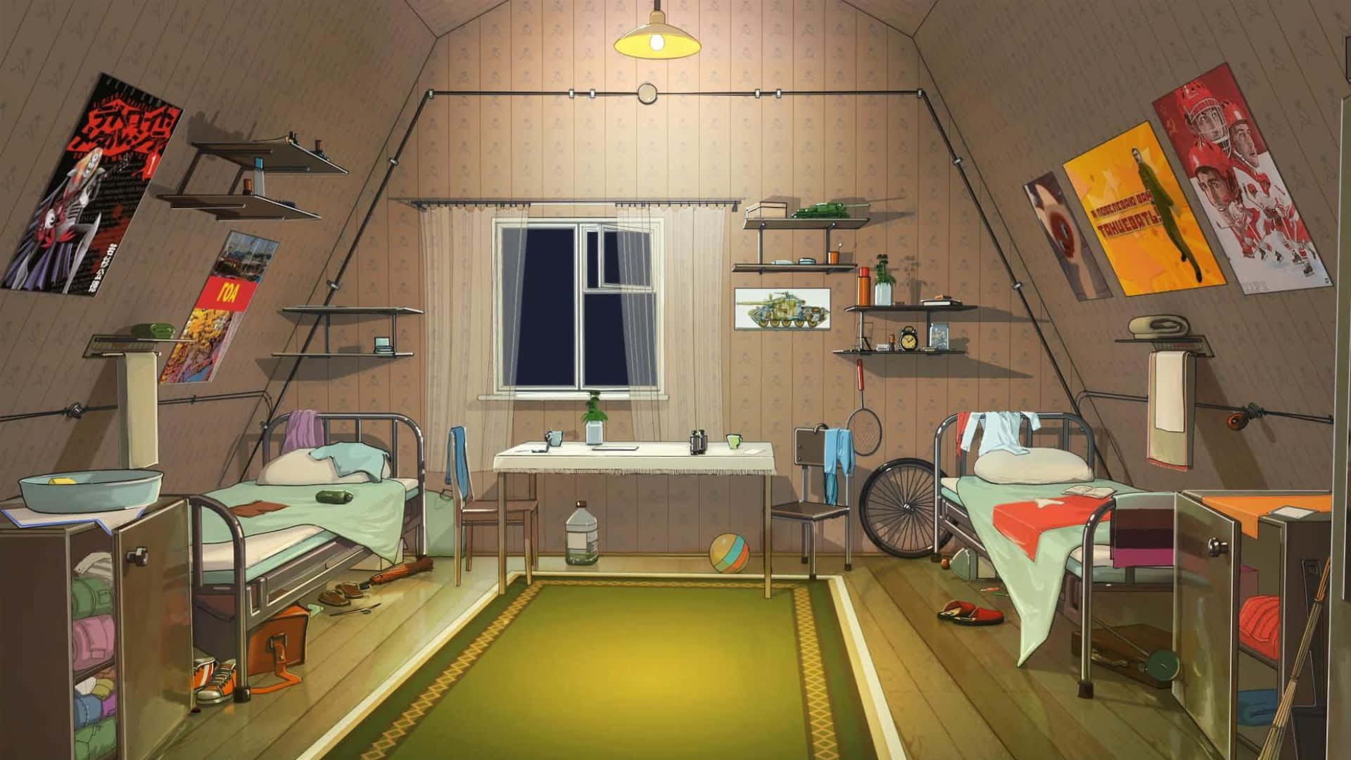 Aesthetic Anime Bedroom 桌布 壁紙 — 舒適的閣樓臥室，有兩張床、海報、架子和窗戶，下方是溫暖的吊燈。