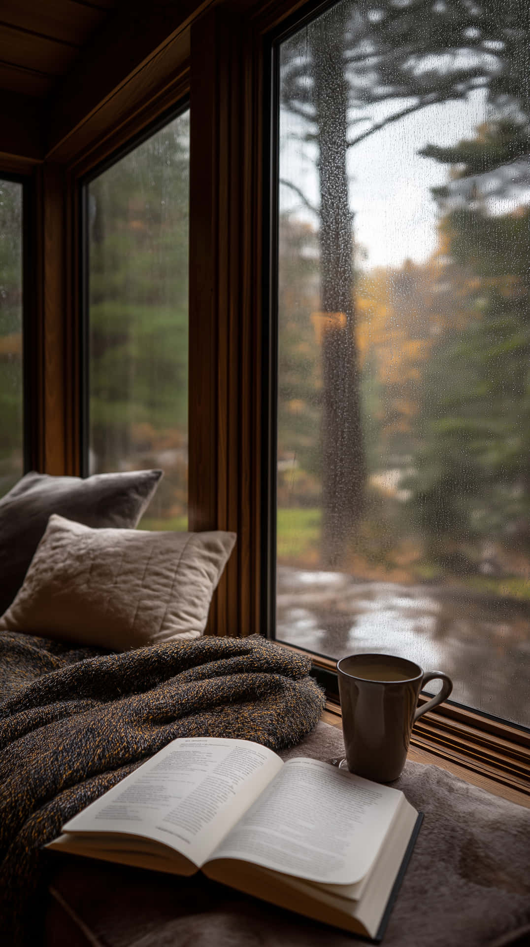 Cozy Window Nook on a Moody Rainy Day with Forest View 壁紙 — 舒適的閱讀角落，位於雨絲斑駁的窗邊，有打開的書本、冒著熱氣的杯子，以及木窗台上的靠枕。