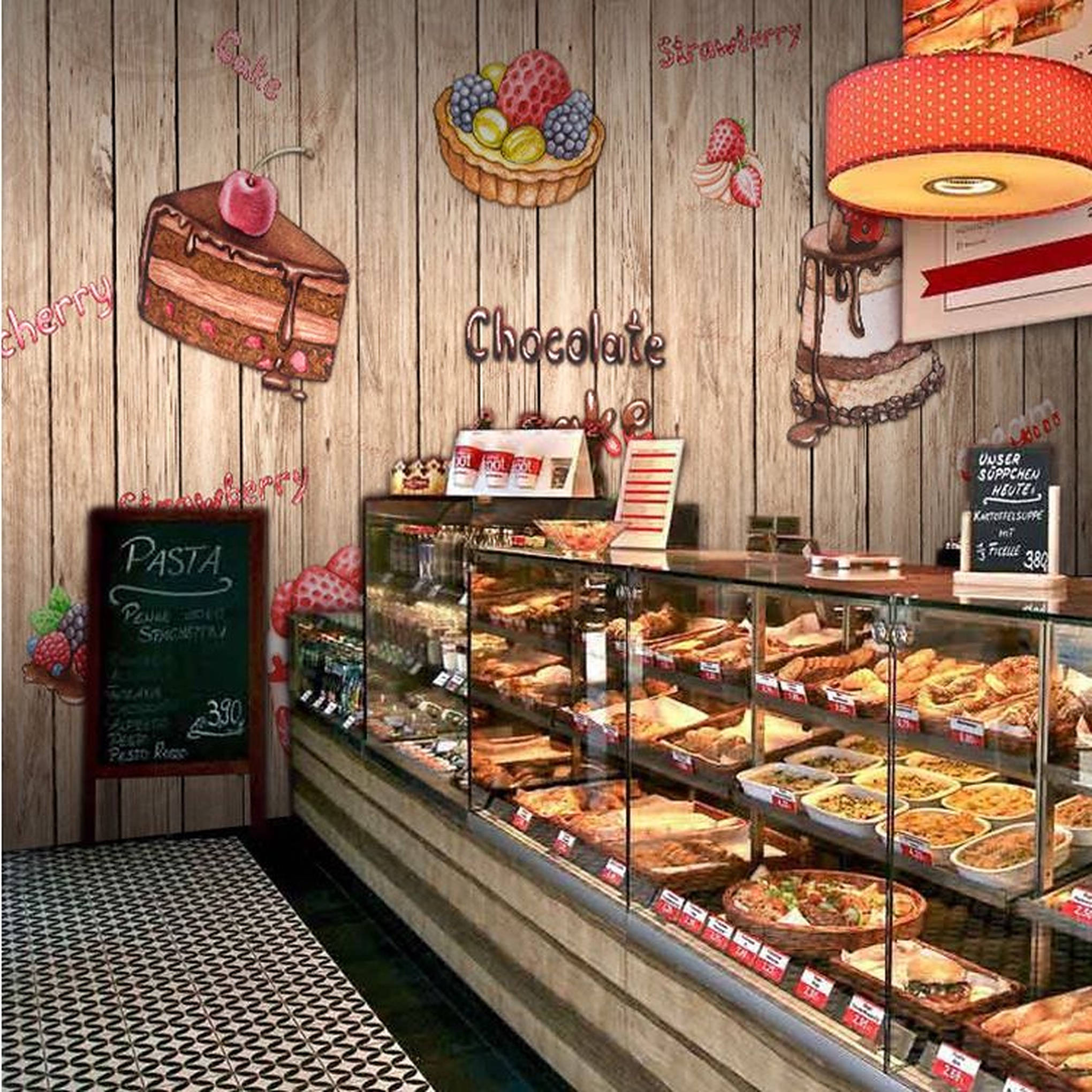 Bakery 桌布 壁紙 — 舒適的麵包店內部，木牆上裝飾著甜點插圖，玻璃展示櫃裡擺滿了糕點和義大利麵。