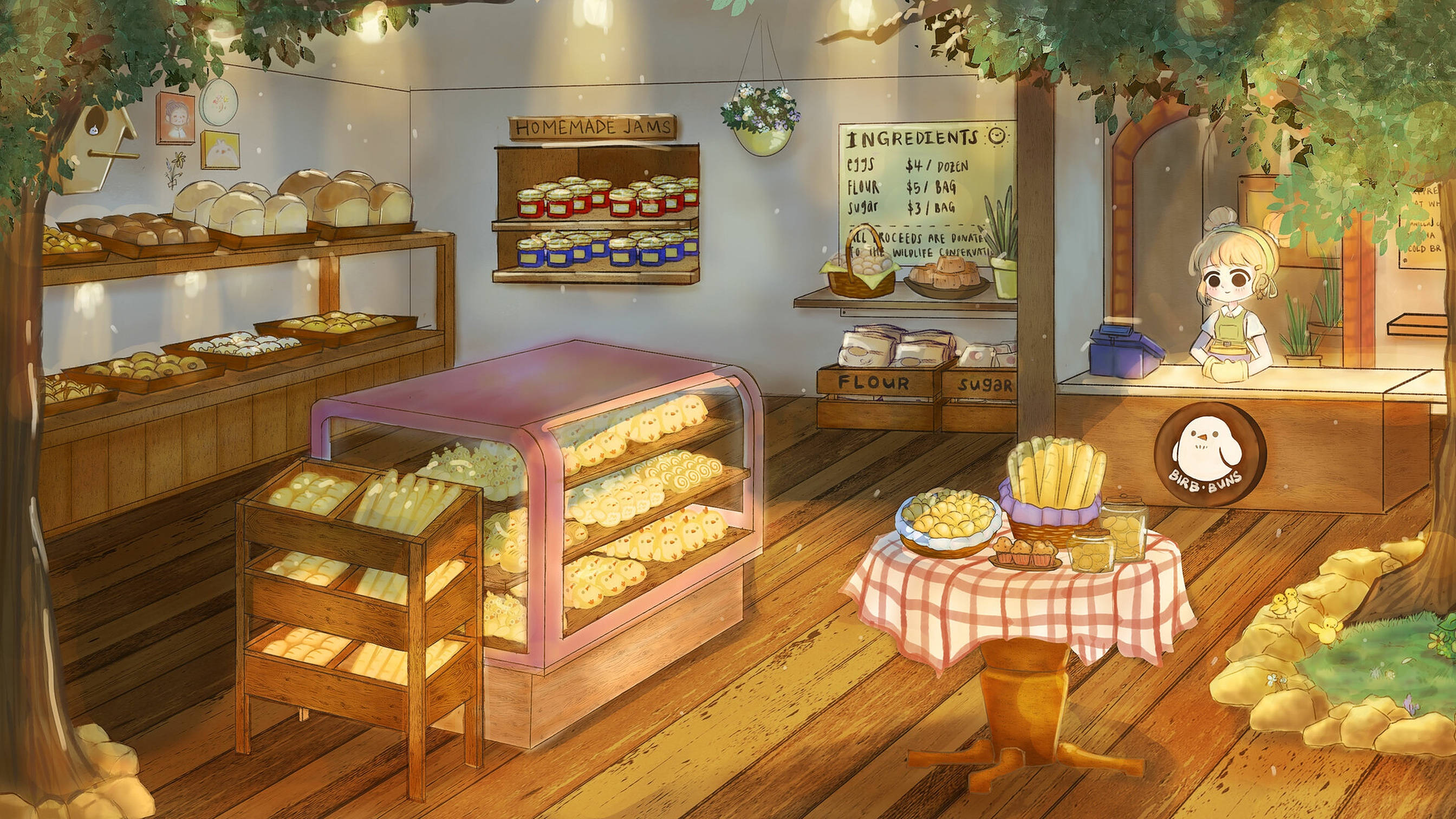 Bakery 桌布 壁紙 — 舒適的麵包店內部，設有木架，擺放著麵包、糕點和果醬罐，在溫暖的吊燈下。