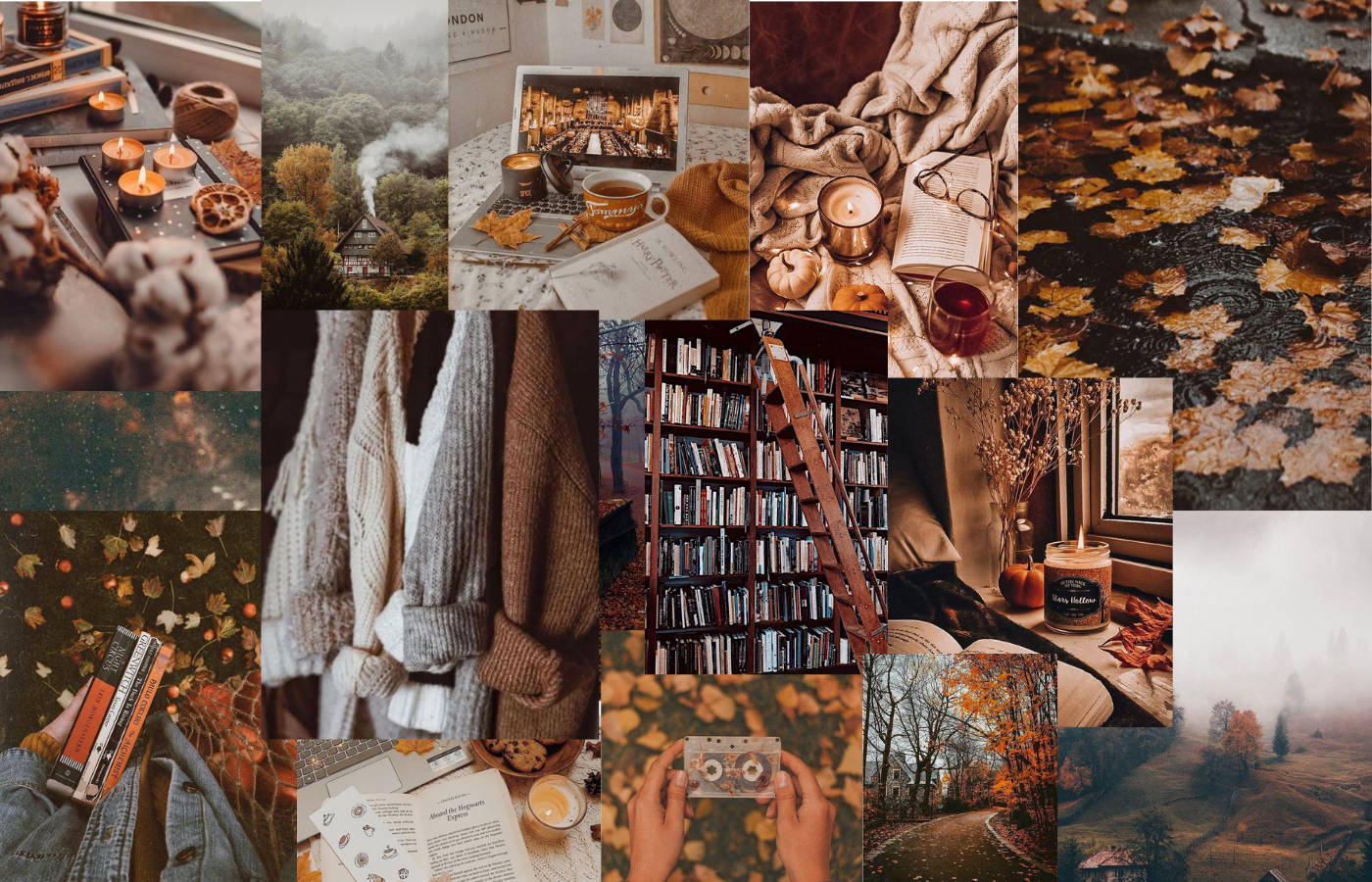 Autumn Season 桌布 壁紙 — 舒適秋季拼貼畫，包含熱飲、書籍、蠟燭和自然景觀，採用大地色調。
