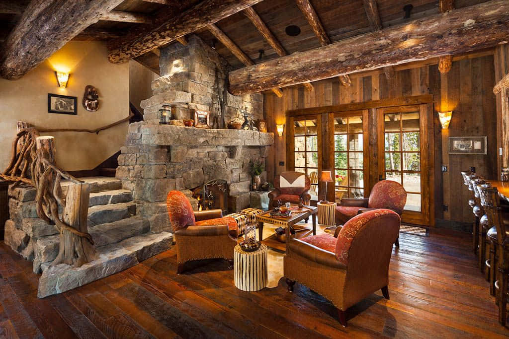 cabin 桌布 壁紙 — 舒適質樸的客廳，配有石頭壁爐、木樑和溫暖的燈光，邀請您放鬆身心。