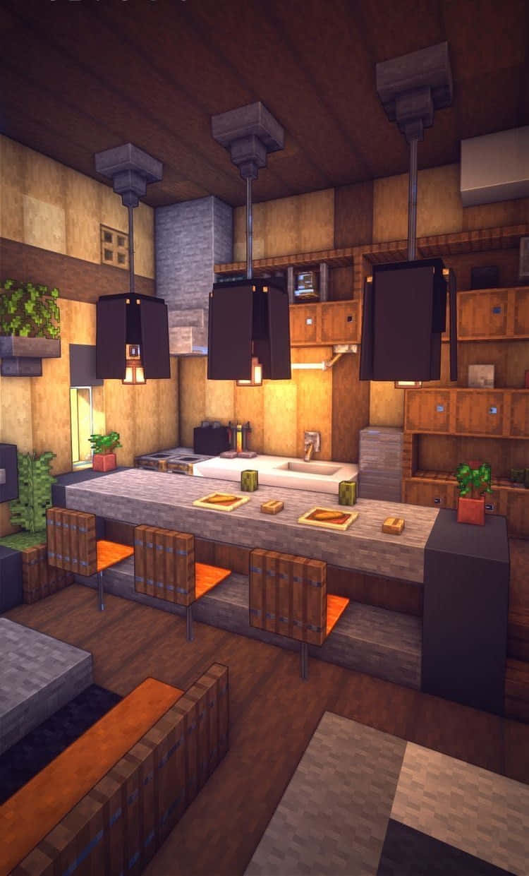 Minecraft Architecture 桌布 壁紙 — 舒適鄉村風格廚房，木質牆壁和黑色吊燈照亮中央島嶼，配橙色吧檯椅。