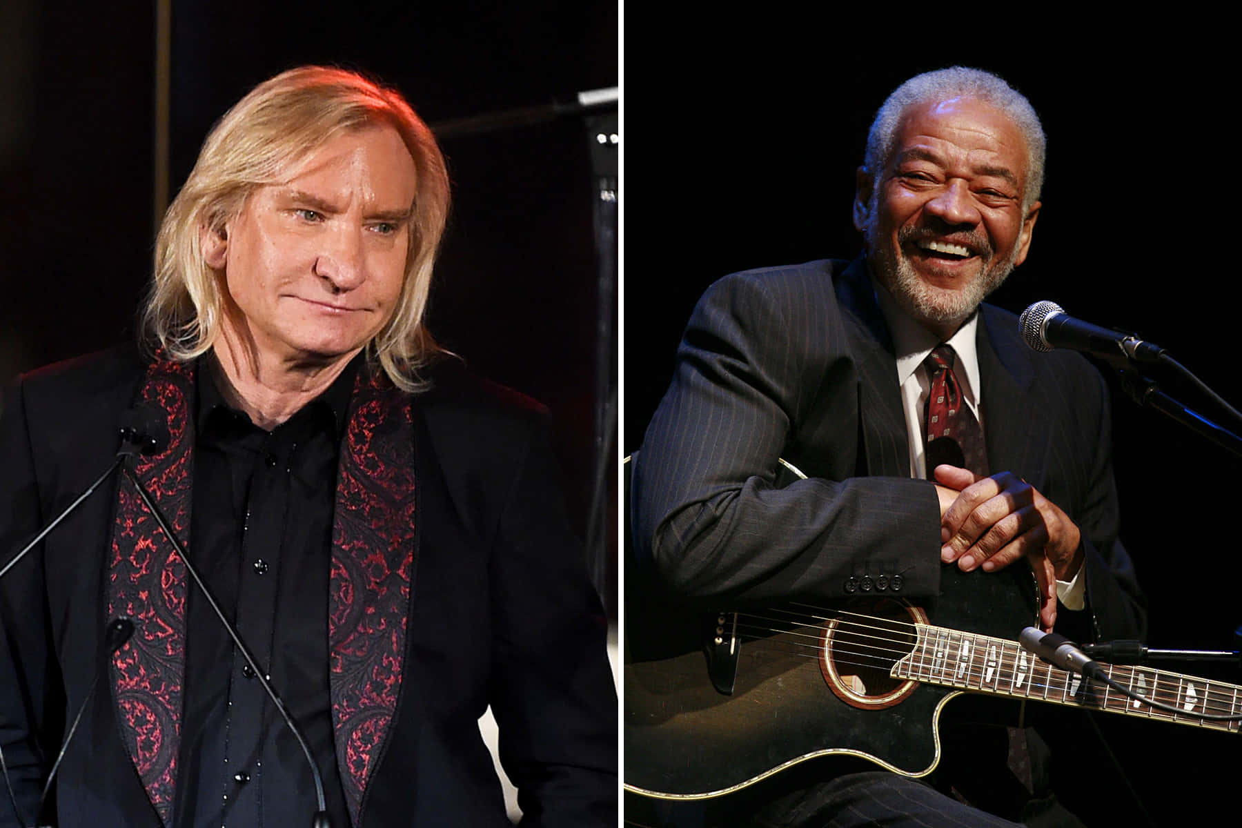 Celebrity 桌布 壁紙 — 舞台上兩位音樂人，一位長金髮，身穿黑色外套配紅色圖案翻領，另一位灰髮年長男士微笑著手持木吉他。