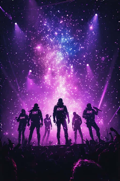 BTS Concert Stage Wallpaper with Purple Lights and Performer Silhouettes 壁紙 — 舞台上被紫色燈光籠罩的剪影表演者，上方有閃爍的粒子效果。