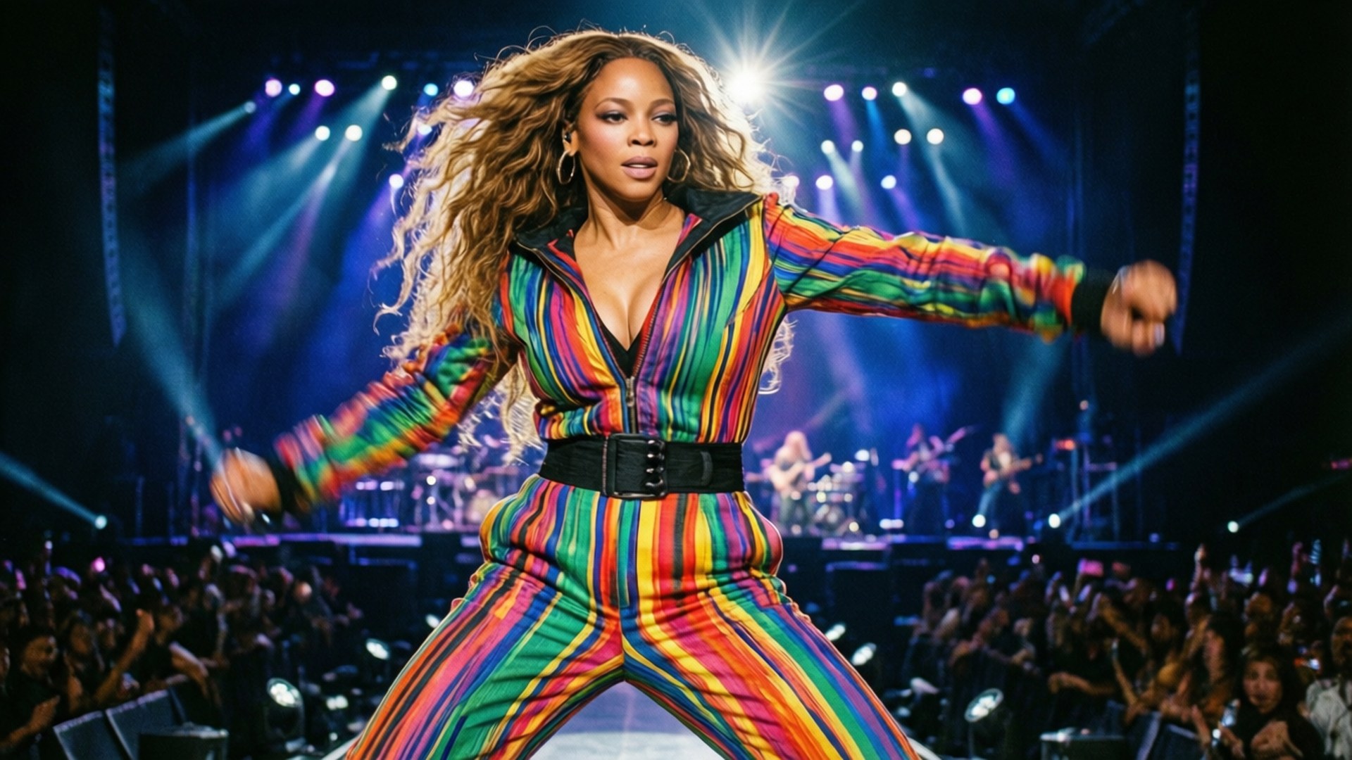 舞后碧昂絲 壁紙 — Beyoncé 穿著彩虹條紋連身衣，在明亮的舞台燈光下，伴隨著歡呼的人群，充滿活力地表演。