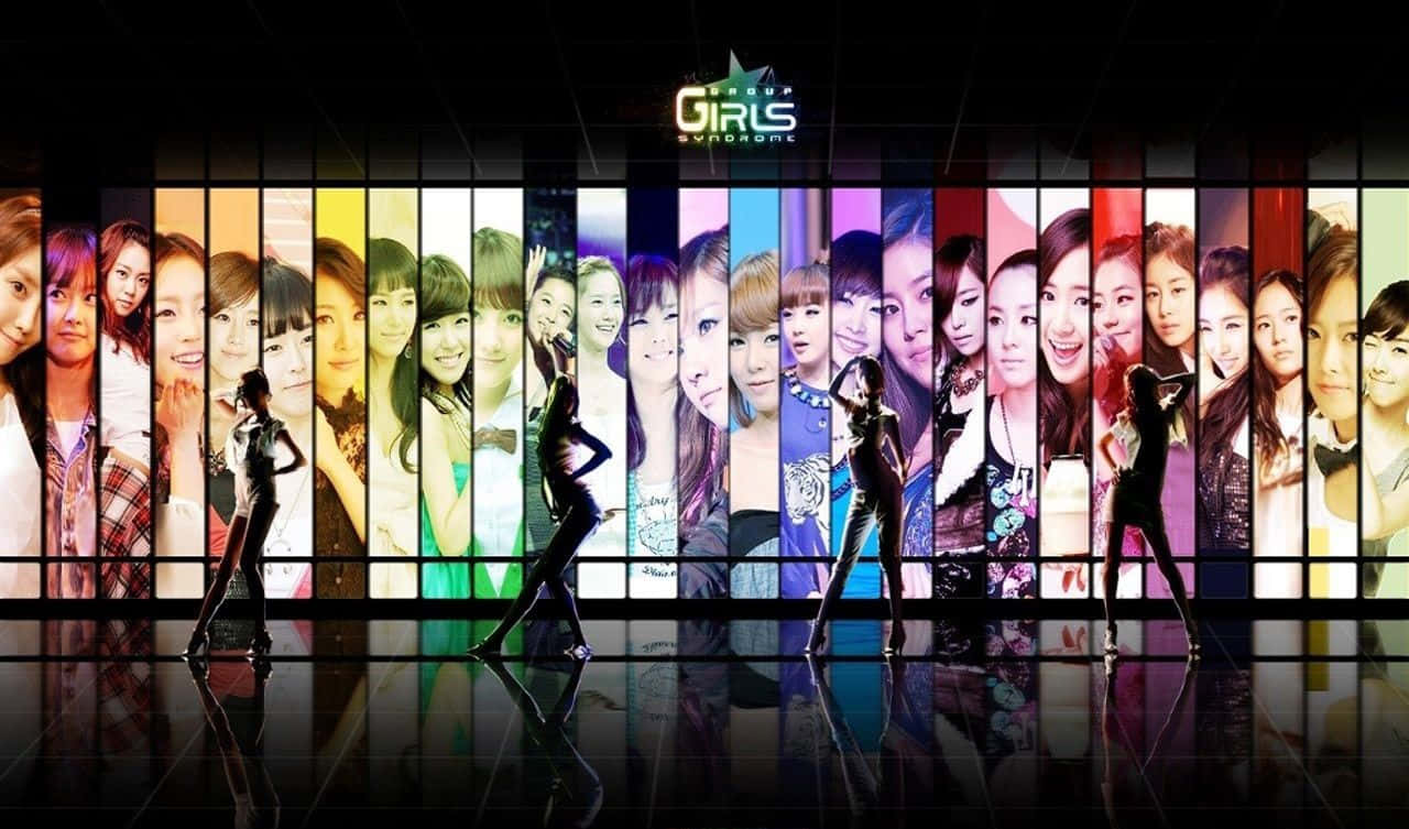 K-pop 桌布 壁紙 — 舞者的剪影在光亮的攝影棚中，於色彩繽紛的女性肖像牆前擺出姿勢。