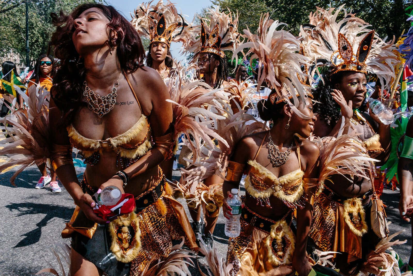Carnival 桌布 壁紙 — 舞者身穿精緻的金色羽毛服裝，在明亮的日光下於充滿活力的街頭遊行中充滿活力地表演。