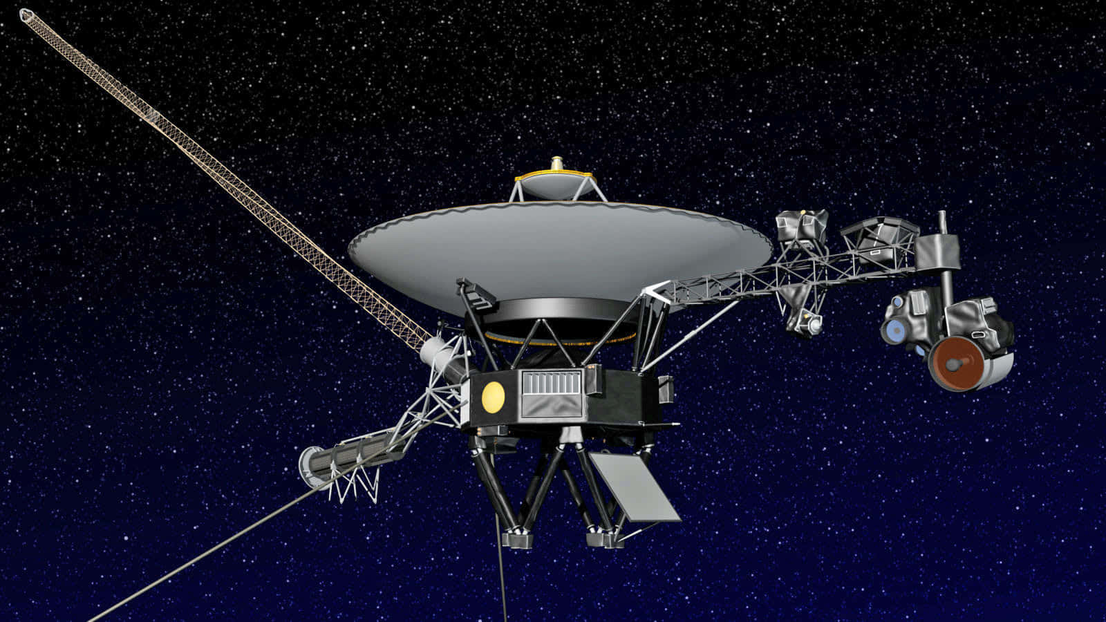 Voyager 桌布 壁紙 — 航海家太空船在繁星點點的太空中的詳細3D渲染，帶有其標誌性的金色唱片和延伸天線。