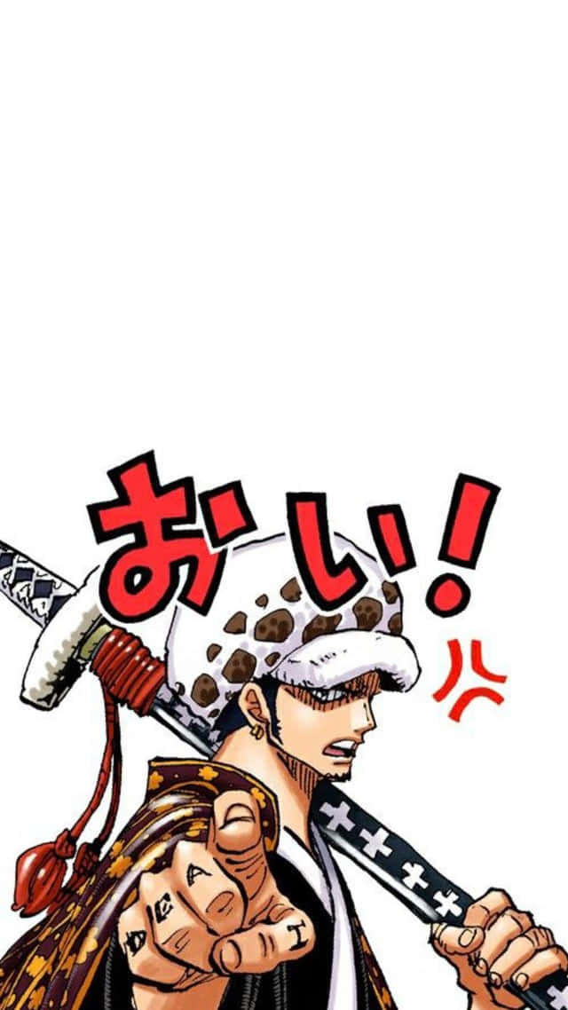 One Piece Trafalgar Law 桌布 壁紙 — 《航海王》中的動漫角色托拉法爾加·羅肩上扛著劍，舉起刺青的拳頭大喊。