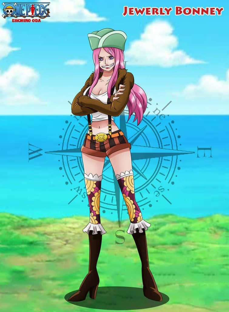 Jewelry Bonney 桌布 壁紙 — 《航海王》中的珠寶·波妮自信地交叉雙臂，站在明亮的藍天和海洋背景下。