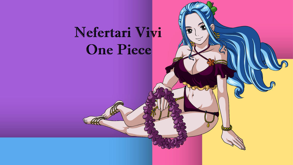 nefertari vivi 桌布 壁紙 — 《航海王》動畫角色妮可·羅賓（Nefertari Vivi）優雅地坐著，手持紫色花環，背景是充滿活力的紫色、粉紅色和藍色幾何圖案。