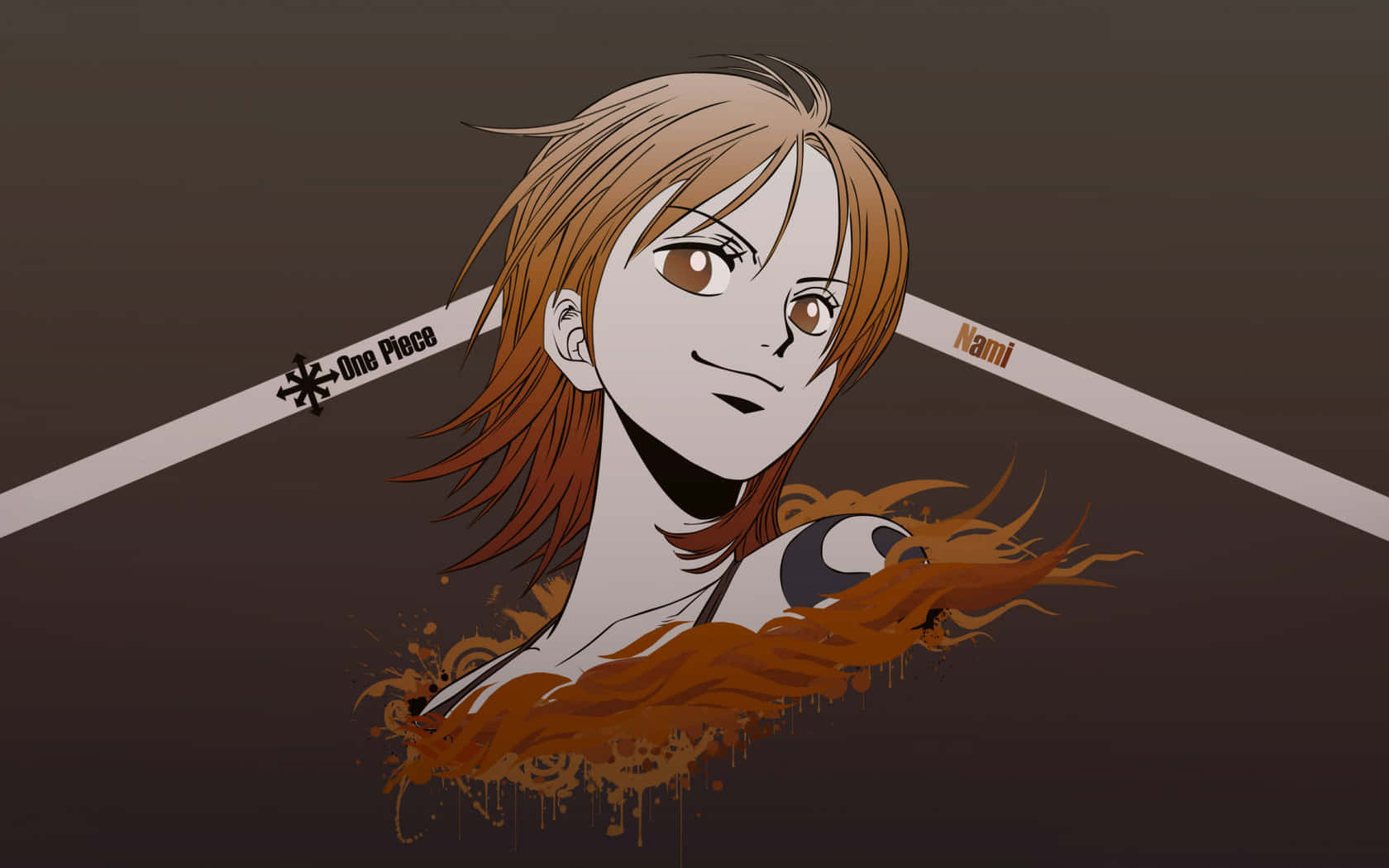 Nami One Piece 桌布 壁紙 — 《航海王》動畫角色娜美，一頭火紅橙色頭髮，自信地微笑，背景為深棕色帶白色斜紋。