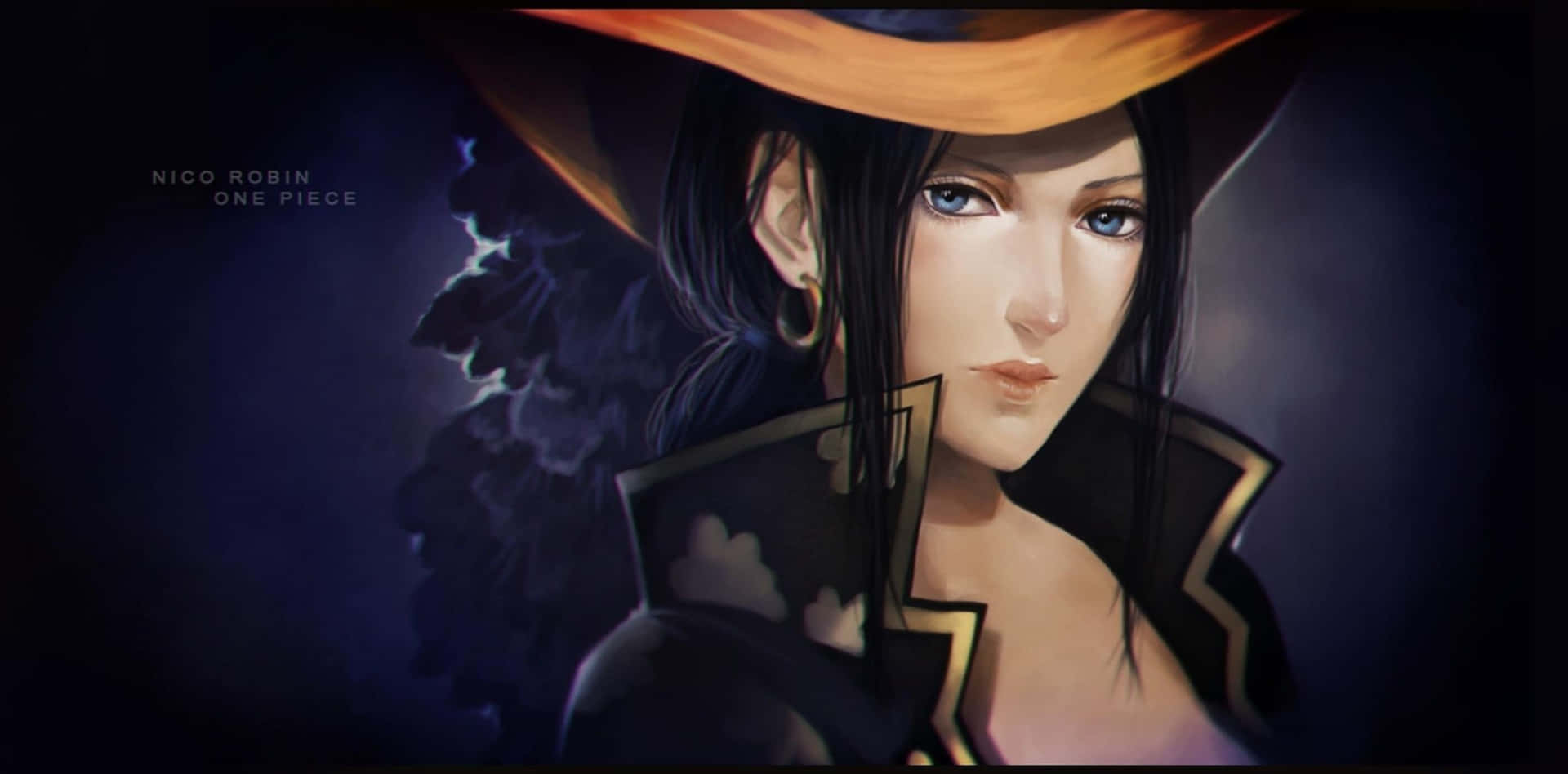 Nico Robin 桌布 壁紙 — 《航海王》妮可·羅賓的特寫肖像，戴著寬邊帽，深色頭髮和藍色眼睛，背景陰暗。