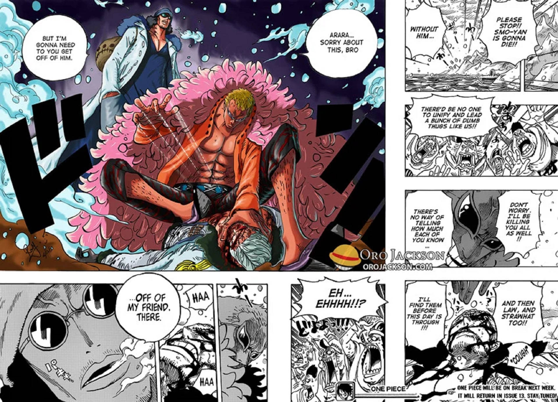 Panel 桌布 壁紙 — 《航海王》漫畫格中，一名粉紅頭髮、身穿橙色外套的肌肉男在水底戰鬥，而另一角色在上方觀看。