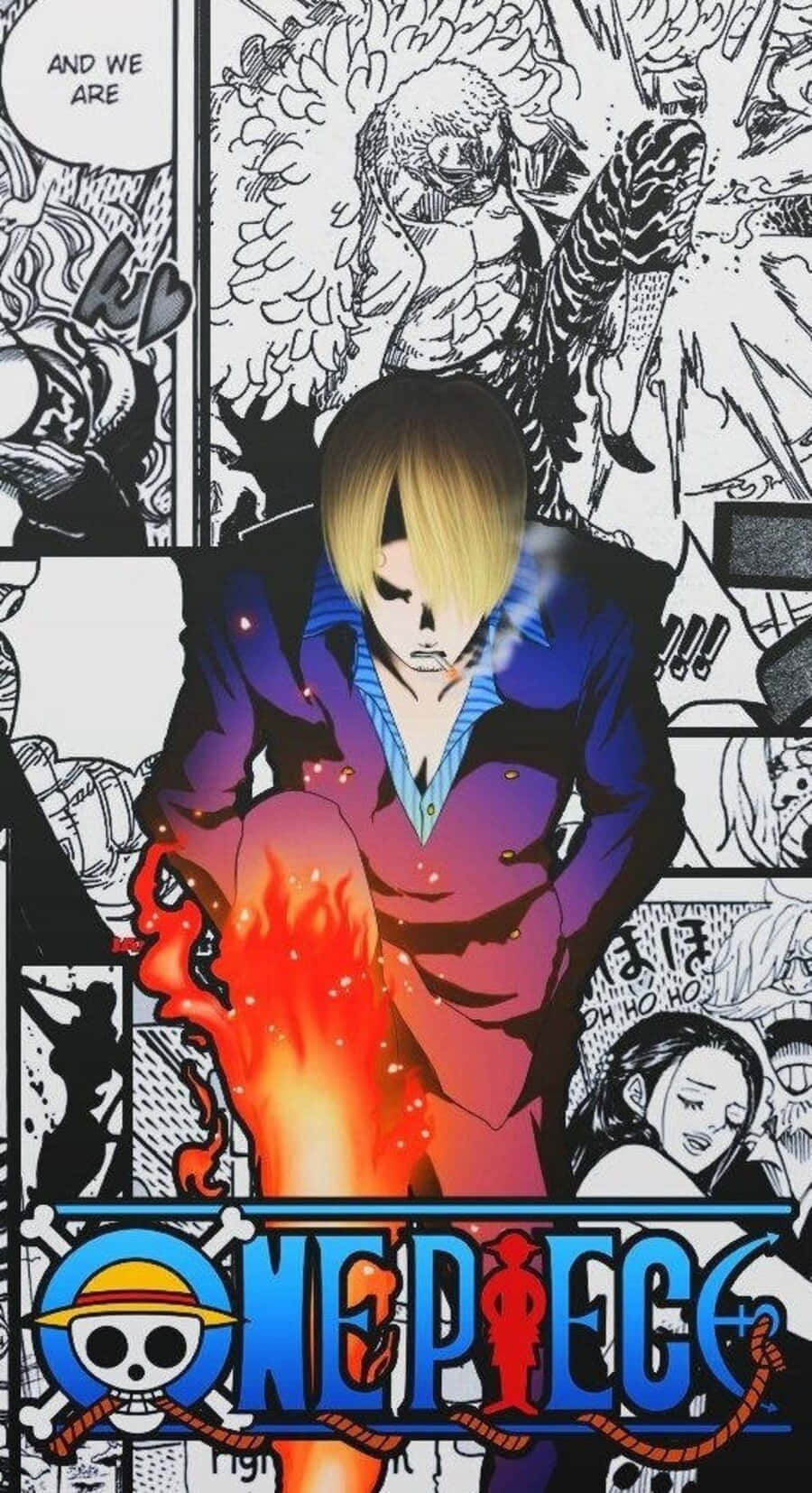 One Piece Manga 桌布 壁紙 — 《航海王》的一個漫畫分鏡顯示一個金髮角色穿著紫色外套，舉著一條燃燒的腿，周圍是充滿動作的漫畫框。