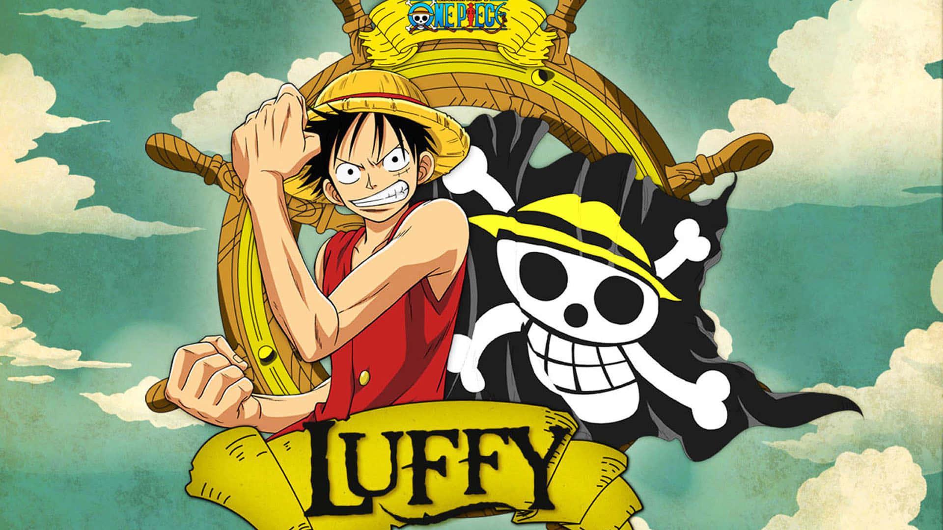Luffy 桌布 壁紙 — 《航海王》的魯夫在佈滿雲層的青綠色天空下，帶著堅定的笑容緊握船舵。