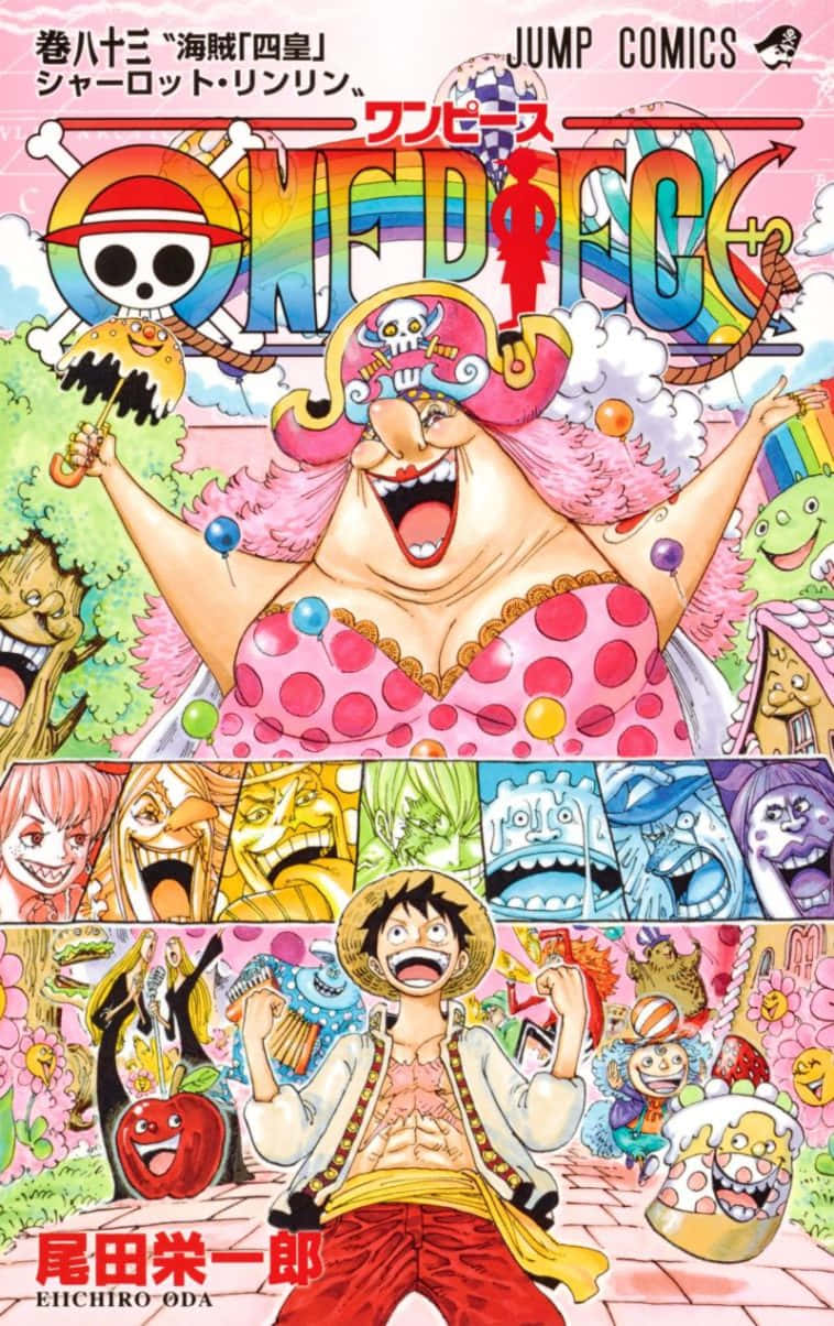 Shonen Jump 桌布 壁紙 — 《航海王》第83卷充滿活力的動畫封面，展示了一位快樂的粉紅色頭髮女性和一個微笑的男孩，周圍環繞著色彩繽紛的角色和彩虹圖案。