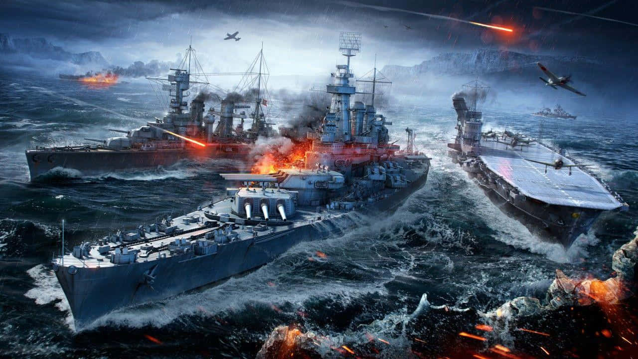Battleship 桌布 壁紙 — 艦隊在波濤洶湧的海上交戰，戰艦發射大砲，飛機在熾熱的爆炸和烏雲中俯衝。