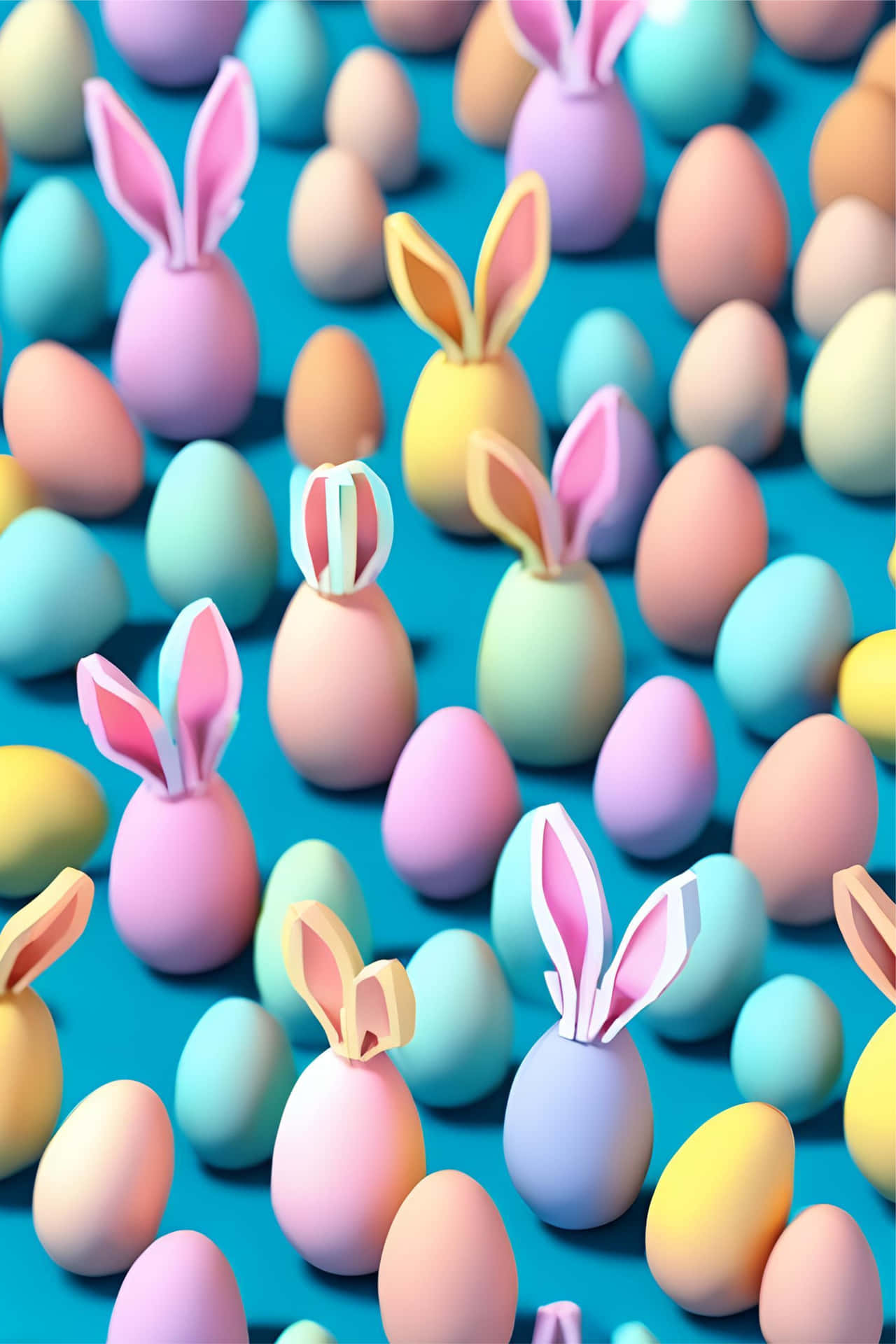 Vertical arrangement of pastel-colored Easter eggs and cute bunny ears on a soft blue background. 壁紙 — 色彩柔和的復活節彩蛋，帶有兔耳朵，散落在充滿活力的藍色表面上。
