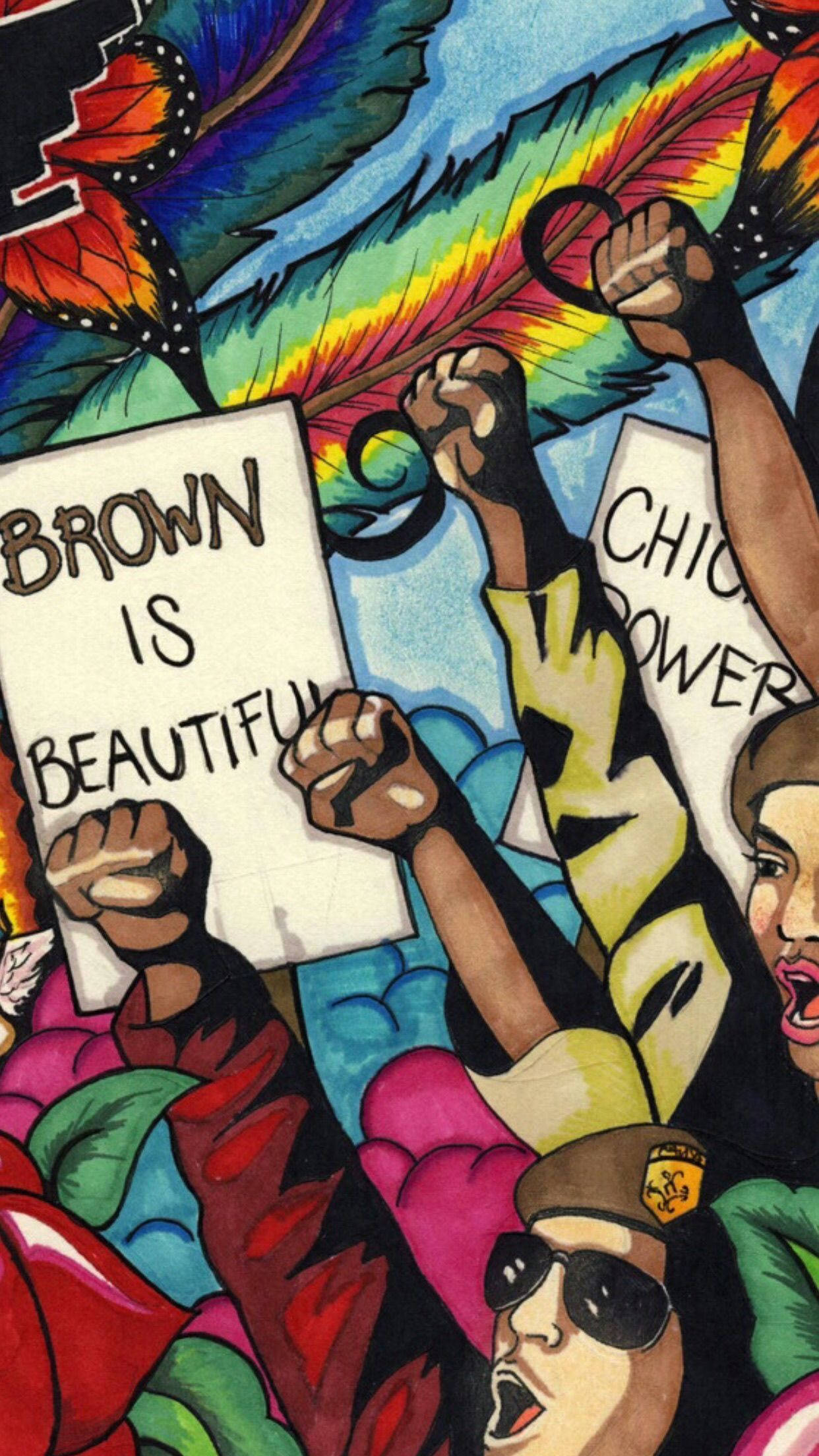 Chicano 桌布 壁紙 — 色彩繽紛、動感十足的壁畫風格插圖，描繪抗議者高舉標語和拳頭。