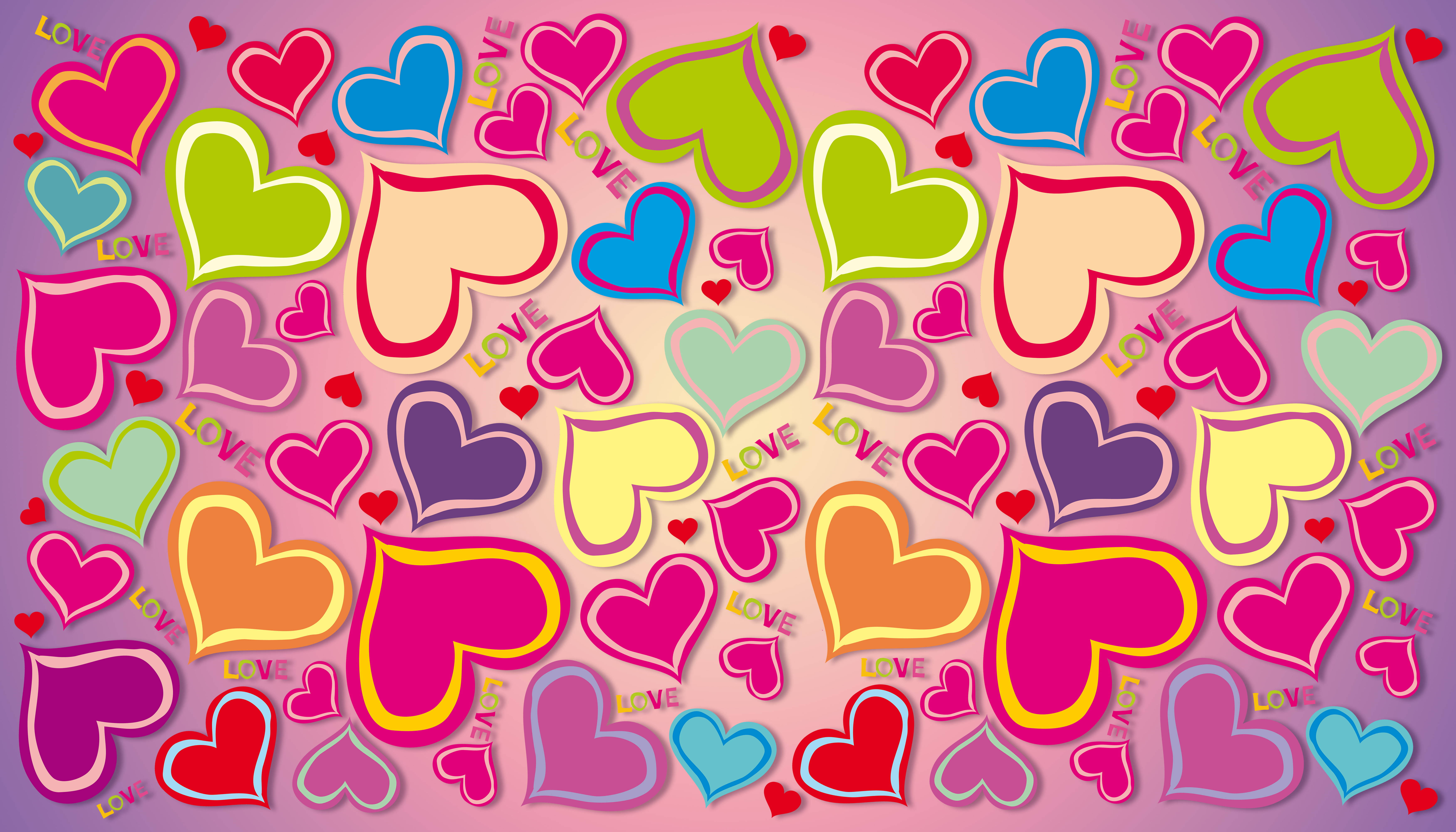 Love Heart 桌布 壁紙 — 色彩繽紛、大小不一的心形在柔和粉紅色漸變背景上漂浮，部分心形內有「LOVE」文字。