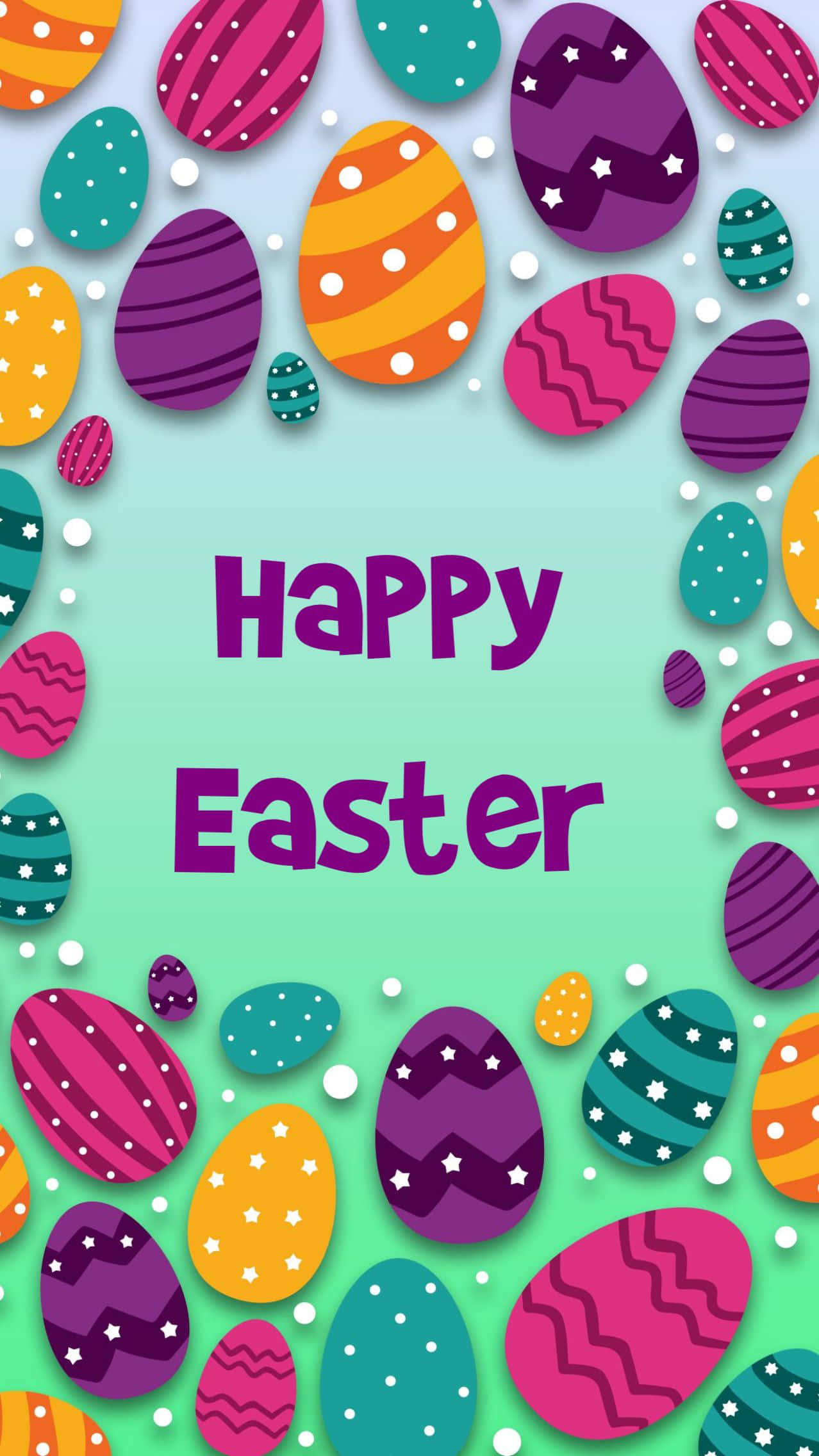 Cute Happy Easter 桌布 壁紙 — 色彩繽紛、帶有圖案的復活節蛋，在薄荷綠色背景上框起一句歡樂的「復活節快樂」訊息。