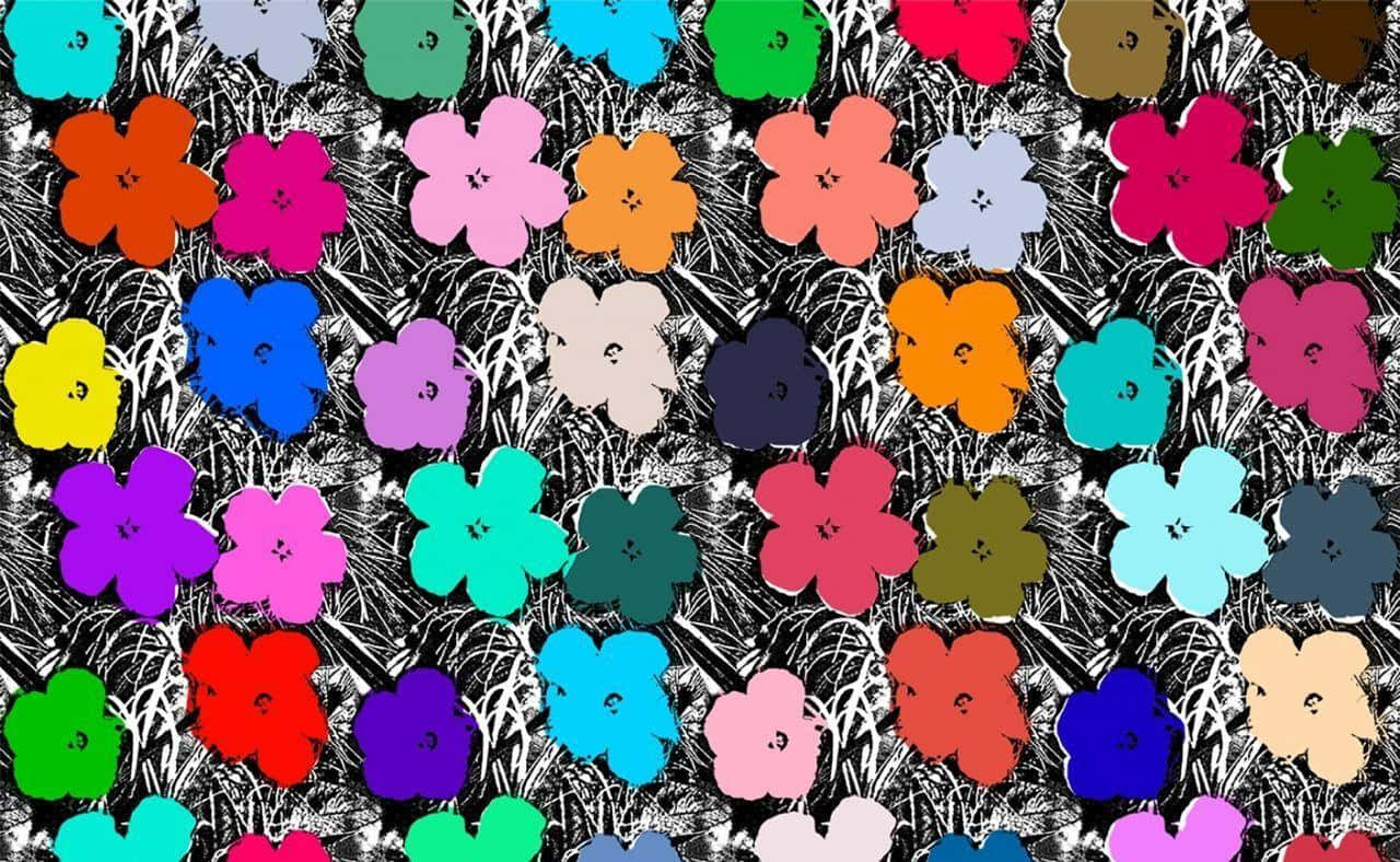 Painting 桌布 壁紙 — 色彩繽紛、輪廓鮮明的花朵在高對比度的黑白草地背景上密集綻放。