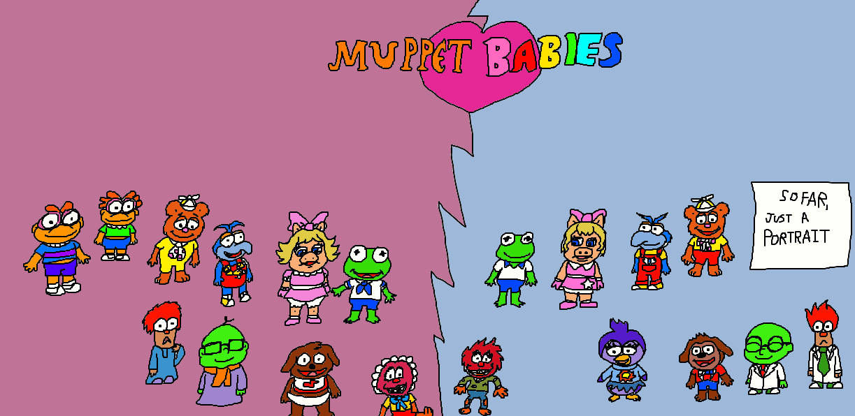 babies 桌布 壁紙 — 色彩繽紛卡通風格的Muppet Babies角色，由鋸齒狀粉紅和藍色背景分割，附有標題和標誌。