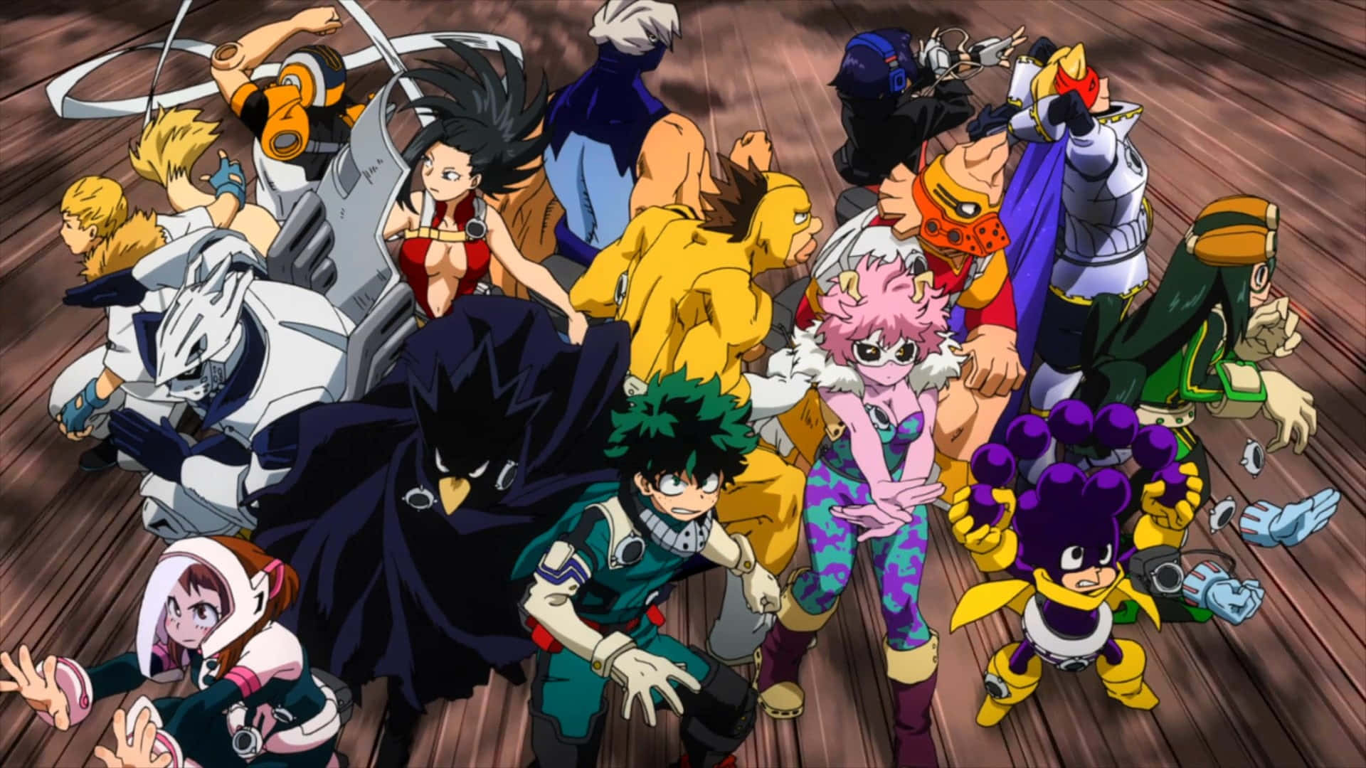 Fumikage Tokoyami 桌布 壁紙 — 色彩繽紛服裝的動態動漫英雄在木地板上英勇擺姿勢，呈現高能量動作場景。
