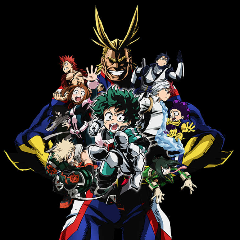 My Hero Academia Anime 桌布 壁紙 — 色彩繽紛服裝的動態動畫英雄在黑色背景上以大膽輪廓和充滿活力的能量擺出英雄姿勢。