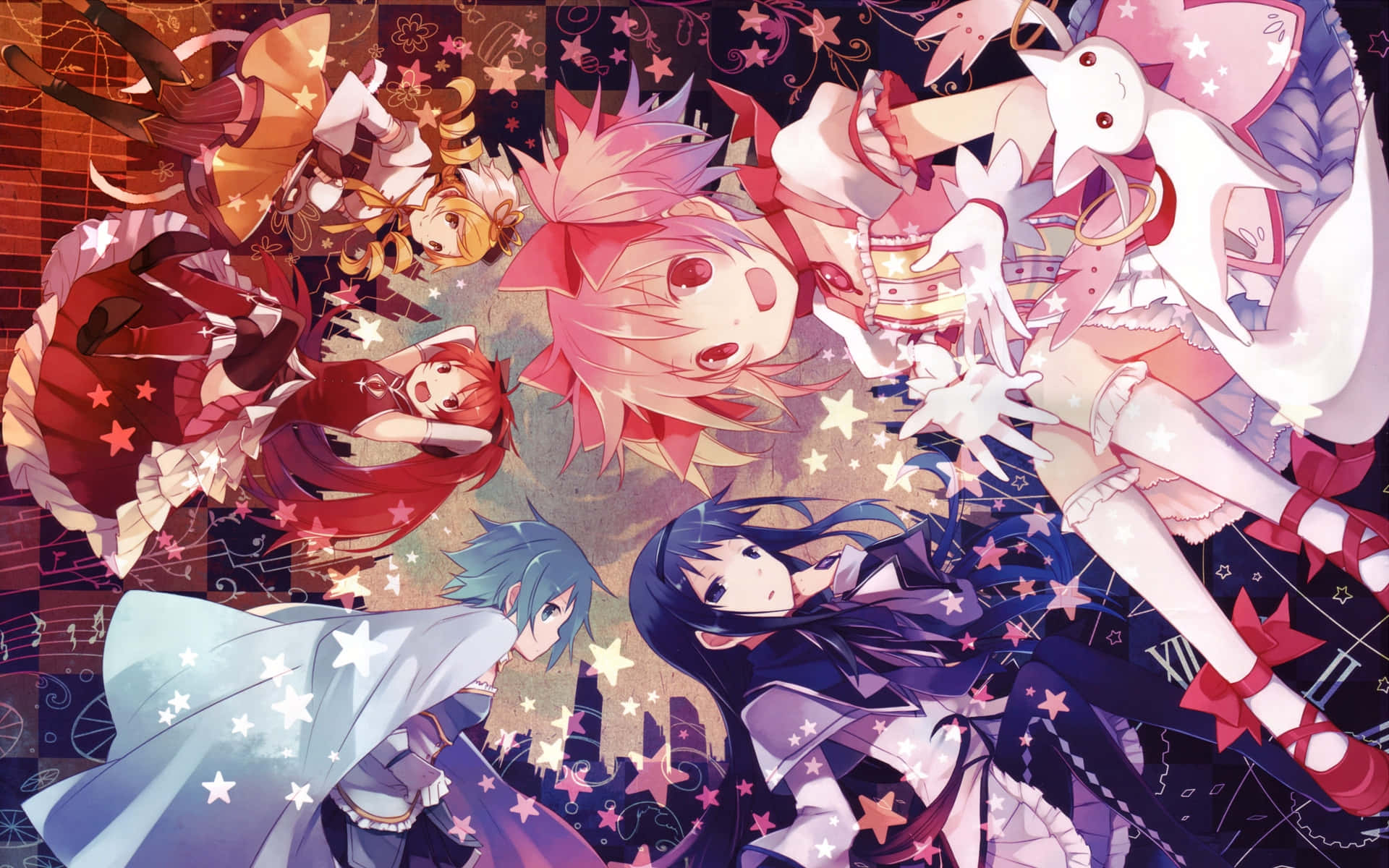 Madoka Magica 桌布 壁紙 — 色彩繽紛服裝的動漫角色，被閃爍星星和音符包圍，在充滿活力的奇幻場景中。