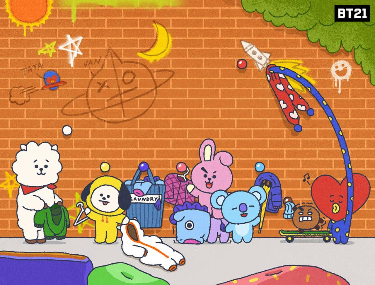 Bt21 4K 桌布 壁紙 — 色彩繽紛服裝的卡通角色在塗鴉太空和洗衣主題的磚牆前嬉戲互動。