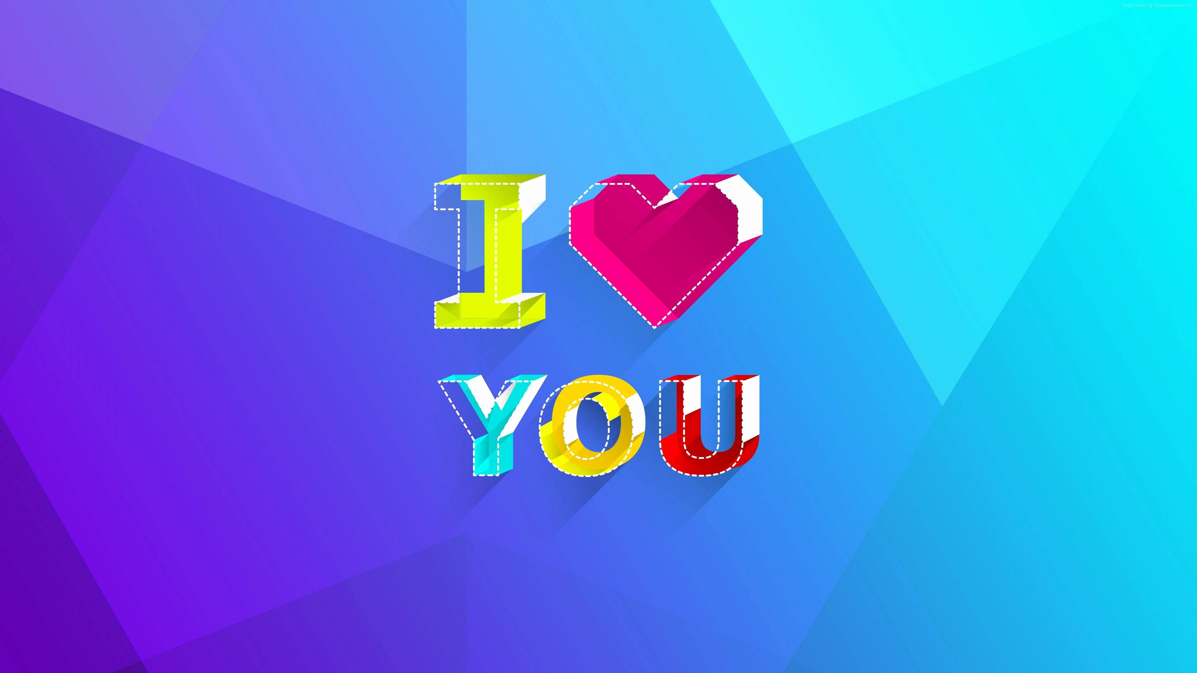 I Love You Aesthetic 桌布 壁紙 — 色彩繽紛的 3D 渲染「I ❤️ YOU」文字，帶有彩色方塊字母和心形，背景為幾何漸變。