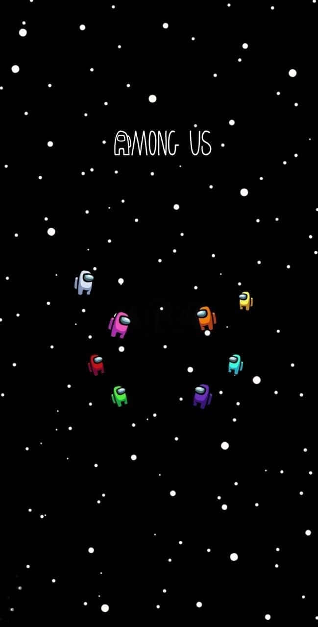 Among Us 遊戲角色在星空漂浮，帶有標題文字。 — Among US 壁紙