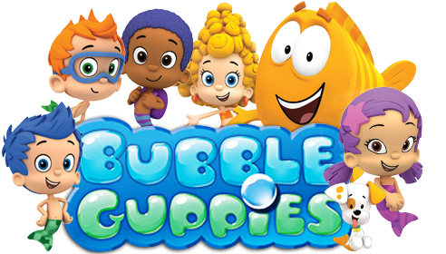 泡泡小隊 桌布 壁紙 — 色彩繽紛的 Bubble Guppies 卡通角色在白色背景上愉快地圍繞著他們的泡泡標誌。