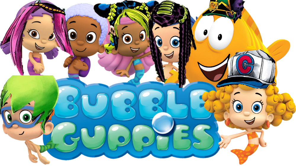 泡泡小隊 桌布 壁紙 — 色彩繽紛的 Bubble Guppies 卡通角色在節目的泡泡標誌周圍微笑。