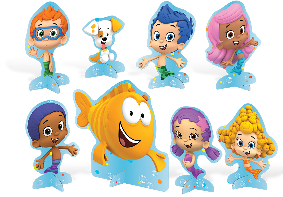 泡泡小隊 桌布 壁紙 — 色彩繽紛的 Bubble Guppies 卡通角色站在泡泡平台上，背景為黑色。