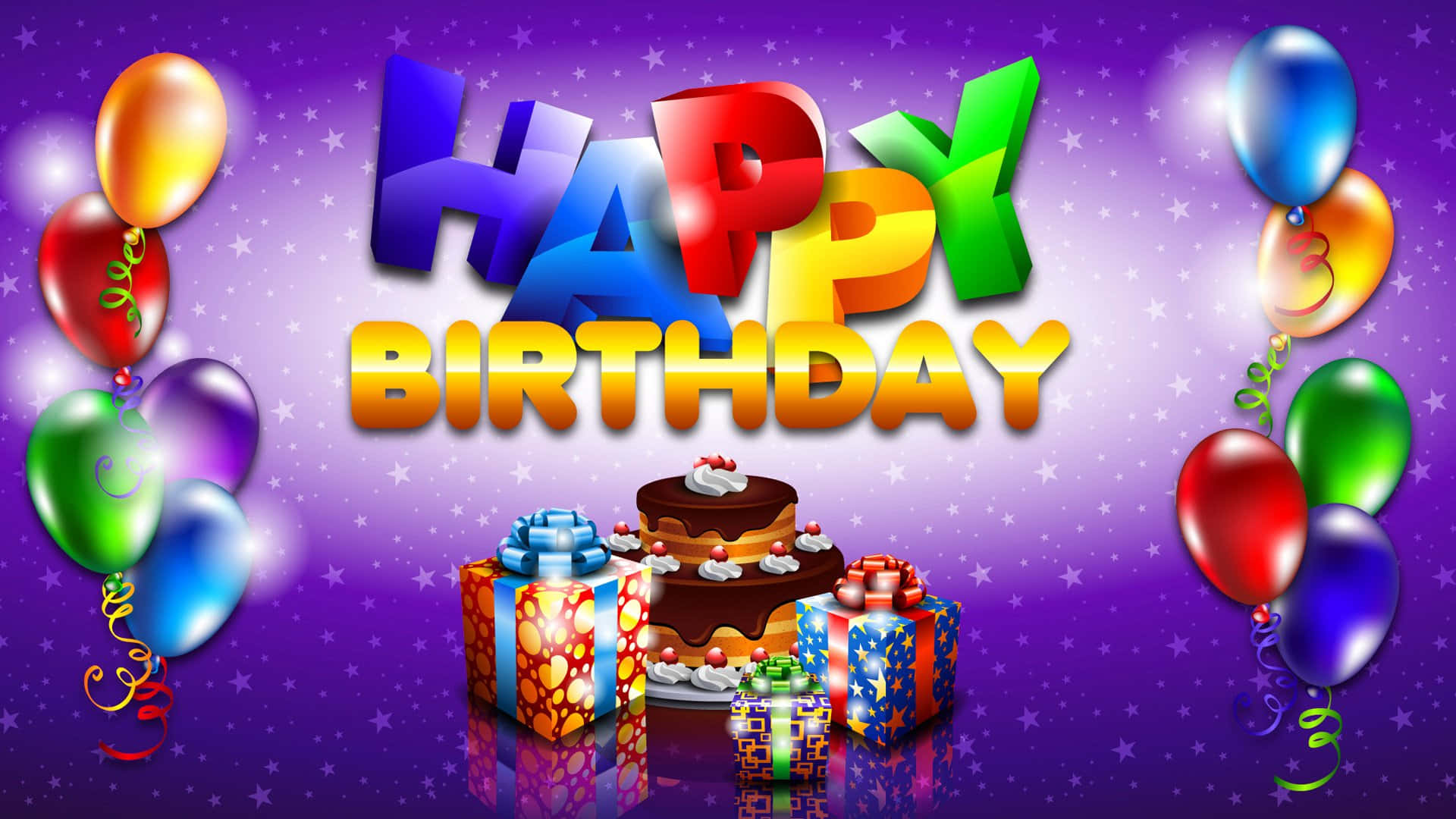 Birthday Wishes 桌布 壁紙 — 色彩繽紛的「Happy Birthday」彩虹3D文字漂浮在巧克力蛋糕和禮物之上，背景是閃爍的紫色星空。