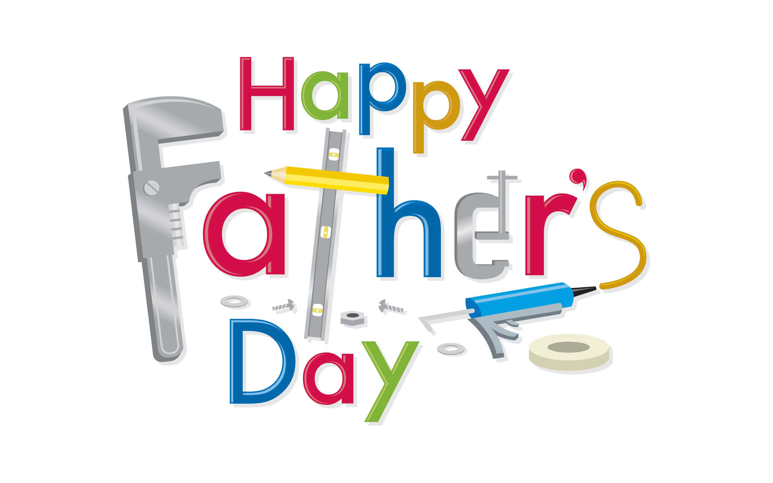 father's day 桌布 壁紙 — 色彩繽紛的「Happy Father's Day」文字，創意地使用扳手、鉛筆、水平尺和熱熔膠槍等工具形成。