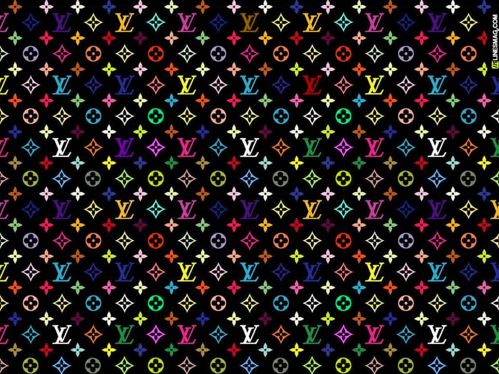 桌布 壁紙 — 色彩繽紛的 Louis Vuitton 字母組合標誌在純黑色背景上以密集圖案重複出現。