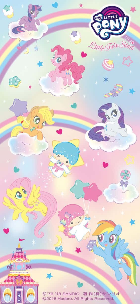 Mlp Phone 桌布 壁紙 — 色彩繽紛的 My Little Pony 角色在雲端上漂浮，下方有彩虹、星星、心形和城堡。